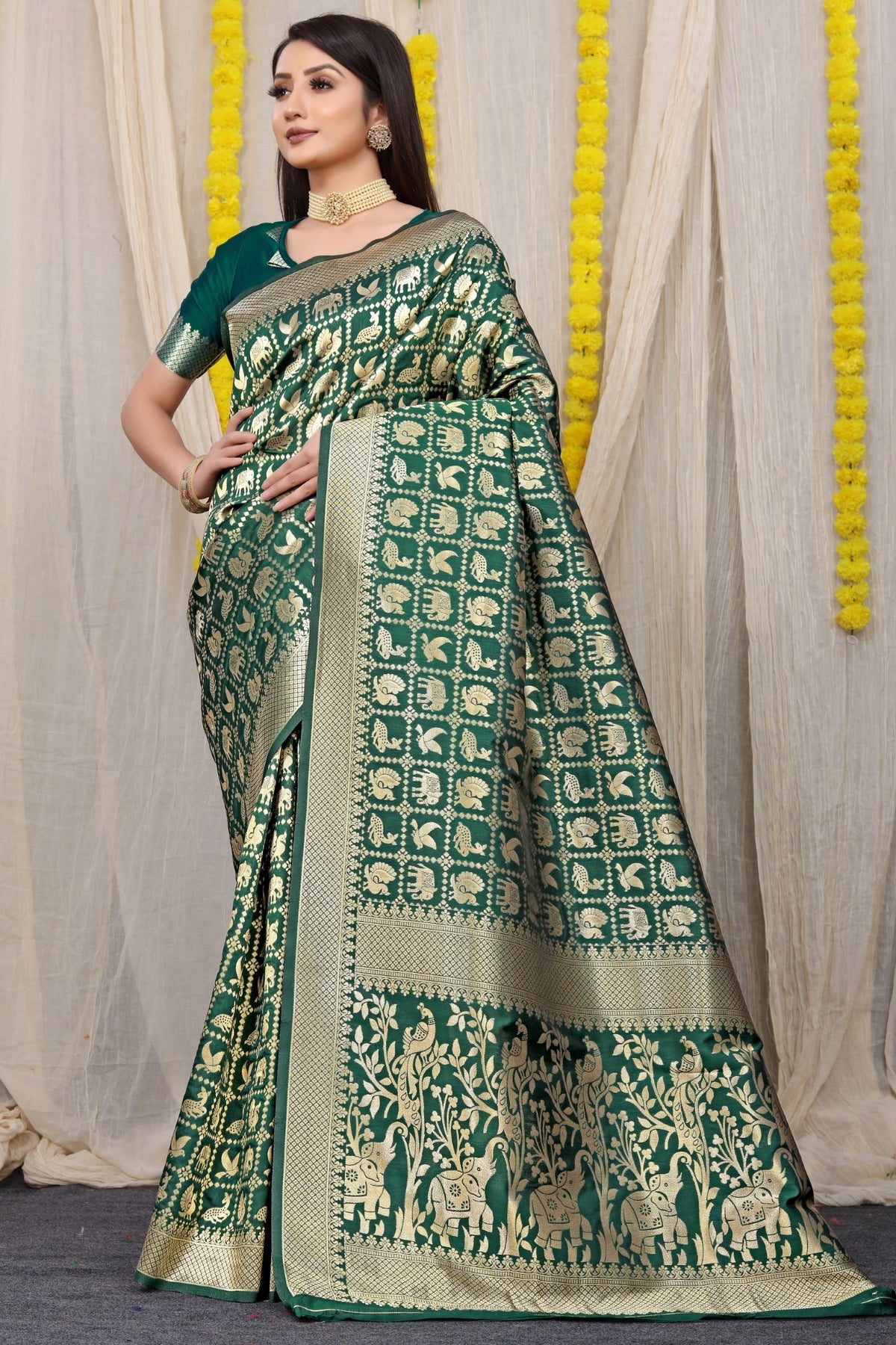 Designer Green Patola Pure Silk Saree With Gold Jari Weaving