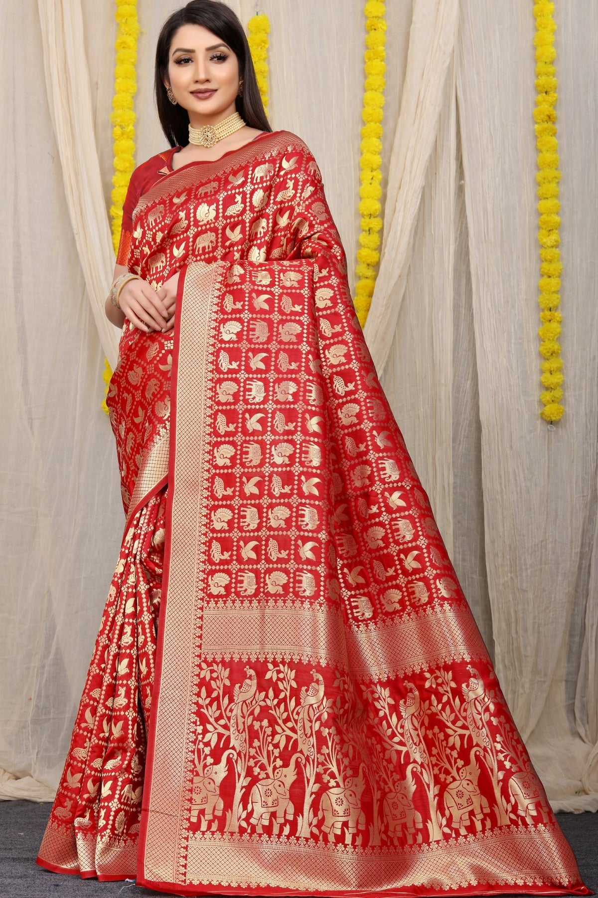 Designer Red Patola Pure Silk Saree With Gold Jari Weaving