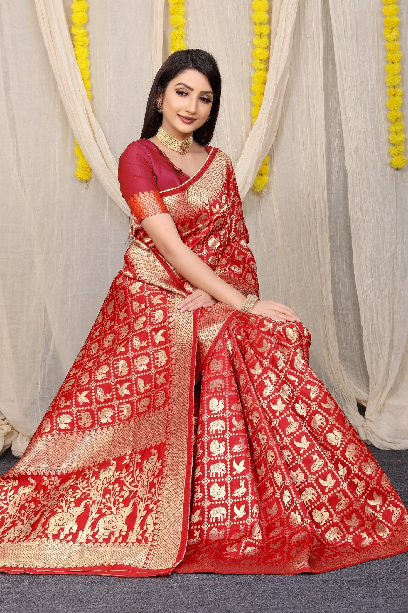 Designer Red Patola Pure Silk Saree With Gold Jari Weaving