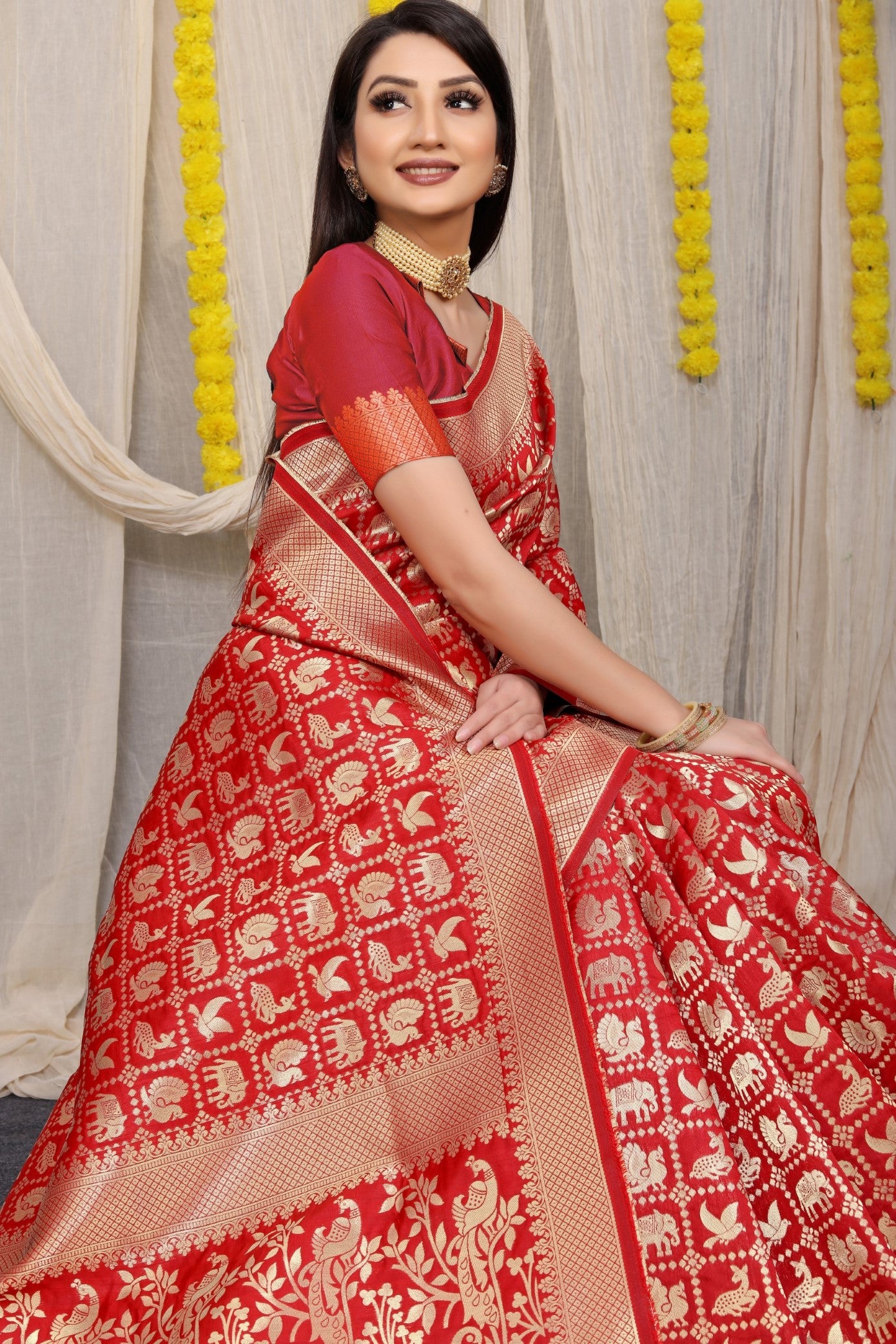 Designer Red Patola Pure Silk Saree With Gold Jari Weaving