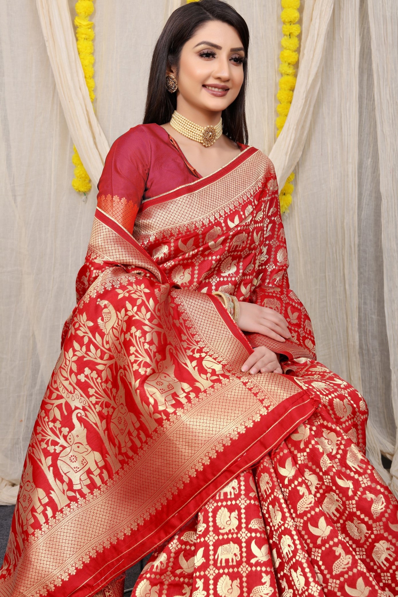 Designer Red Patola Pure Silk Saree With Gold Jari Weaving