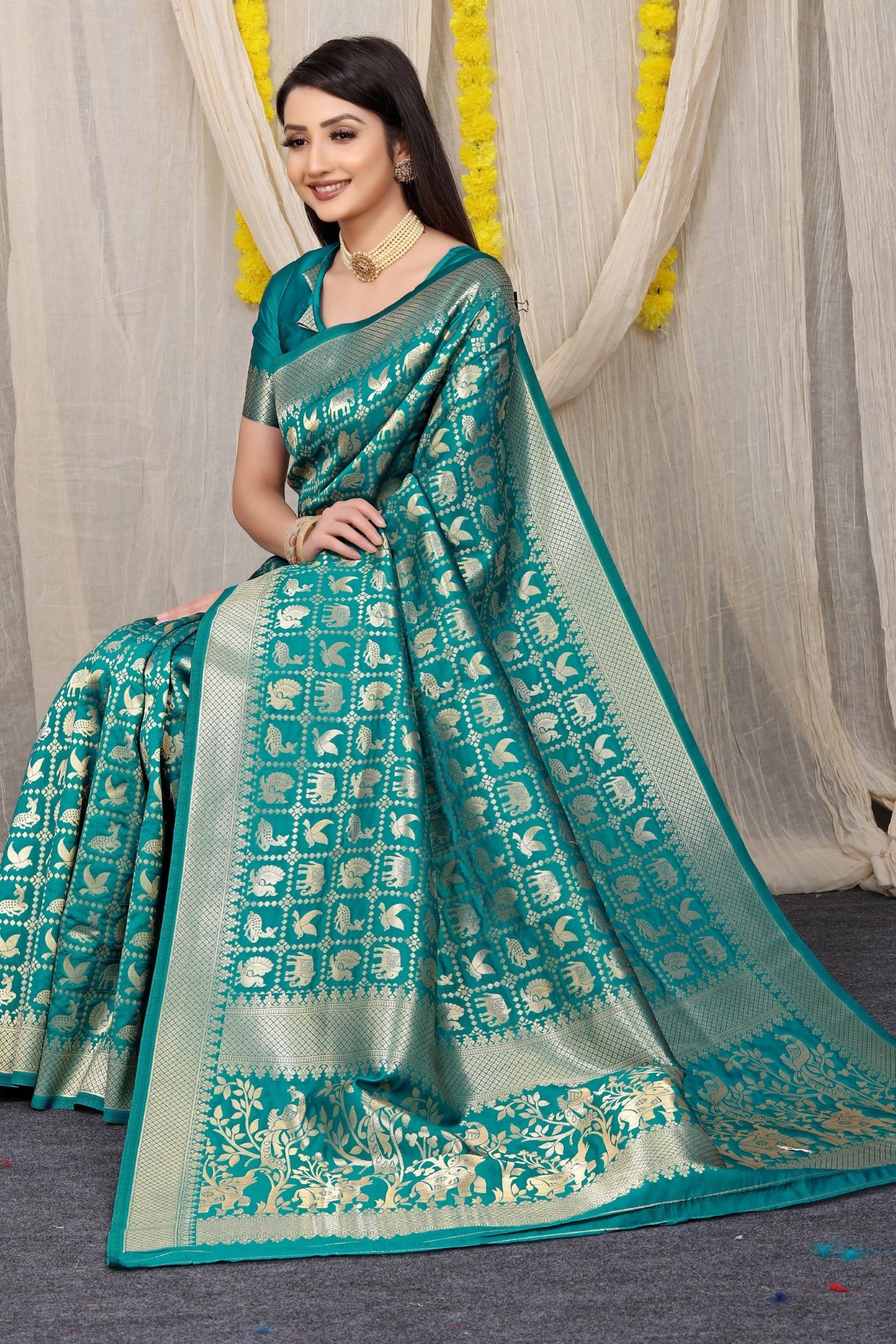 Designer Teal Patola Pure Silk Saree With Gold Jari Weaving