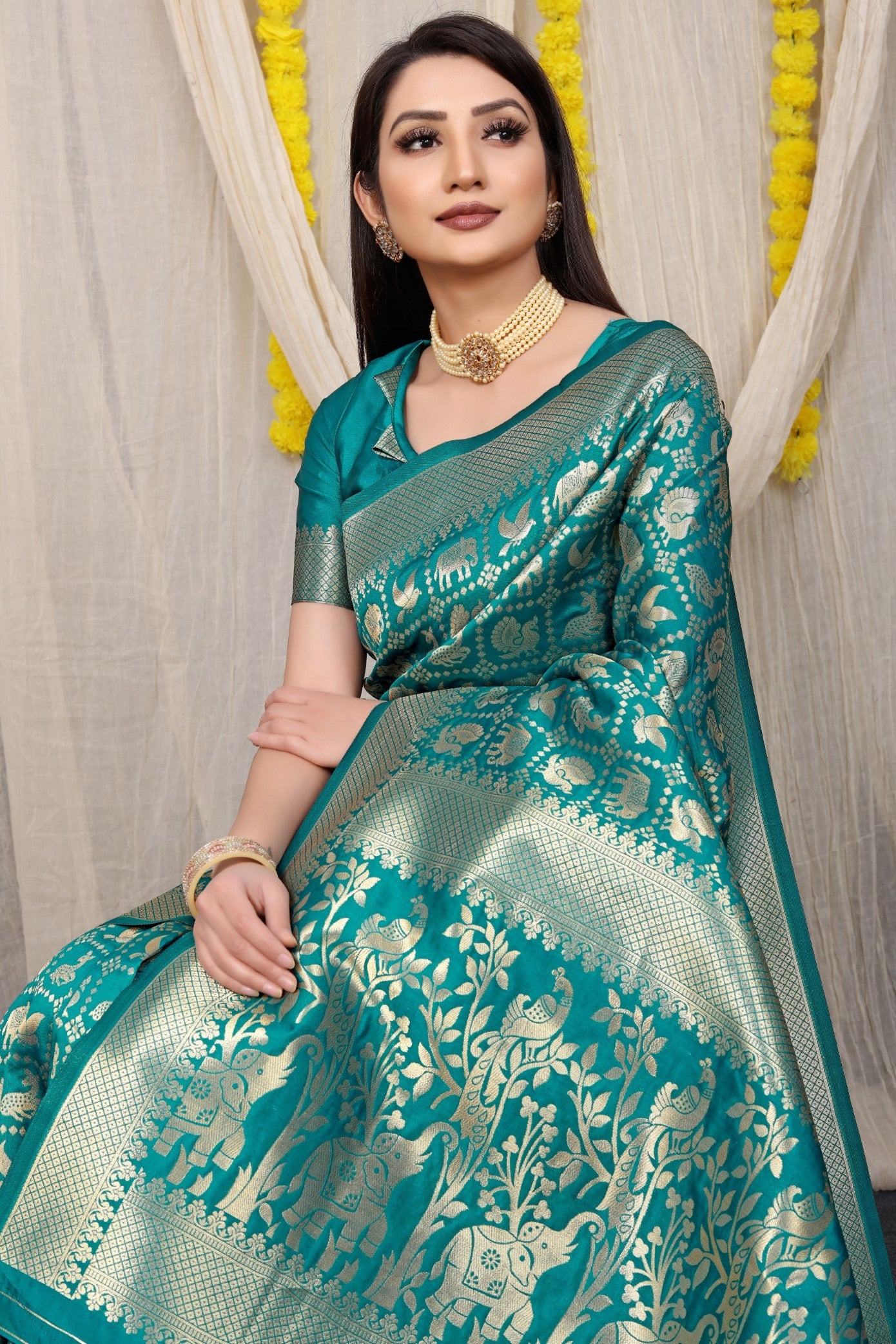 Designer Teal Patola Pure Silk Saree With Gold Jari Weaving