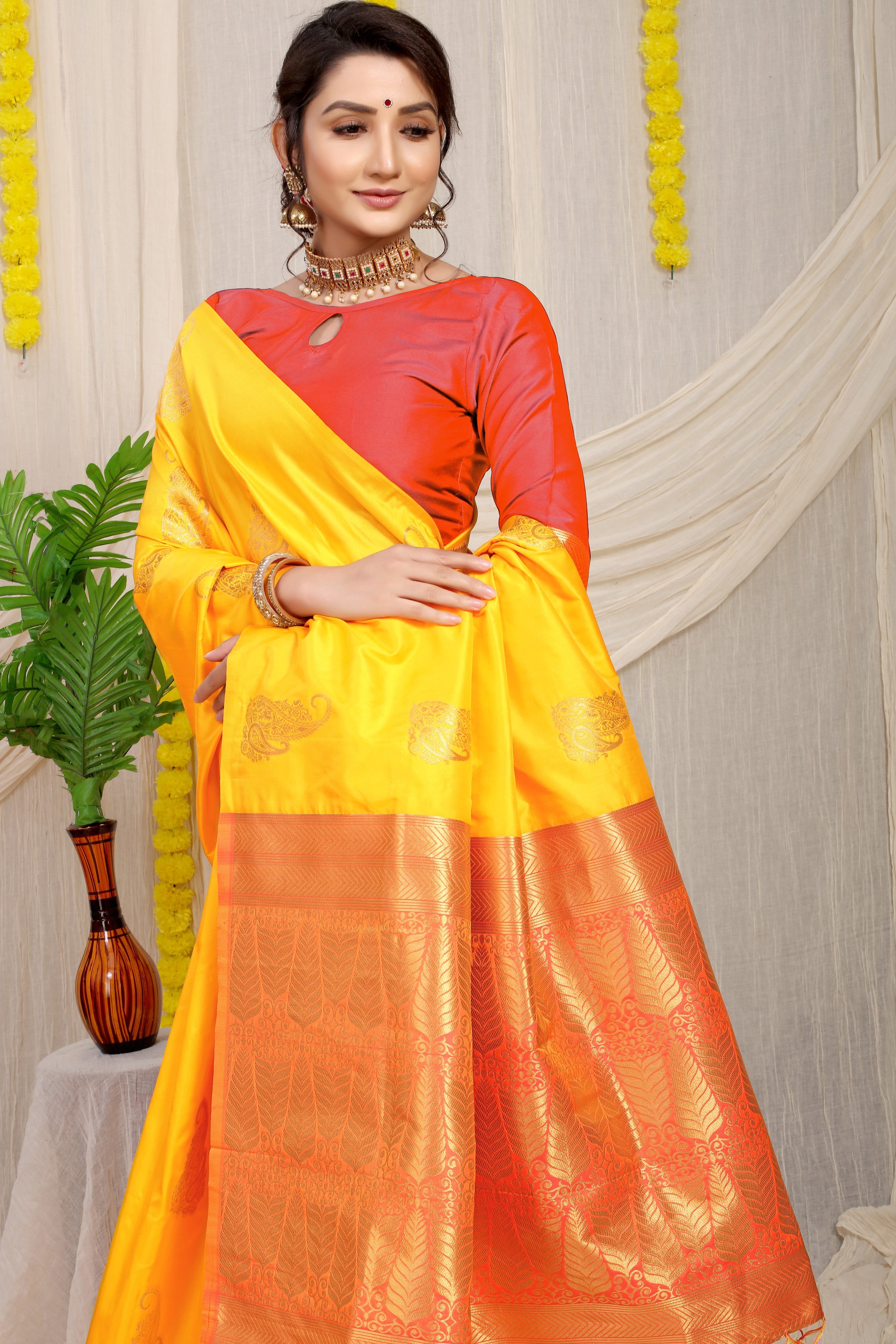 Mustard Beautiful Pure Silk Banarasi Saree With Copper Zari Work