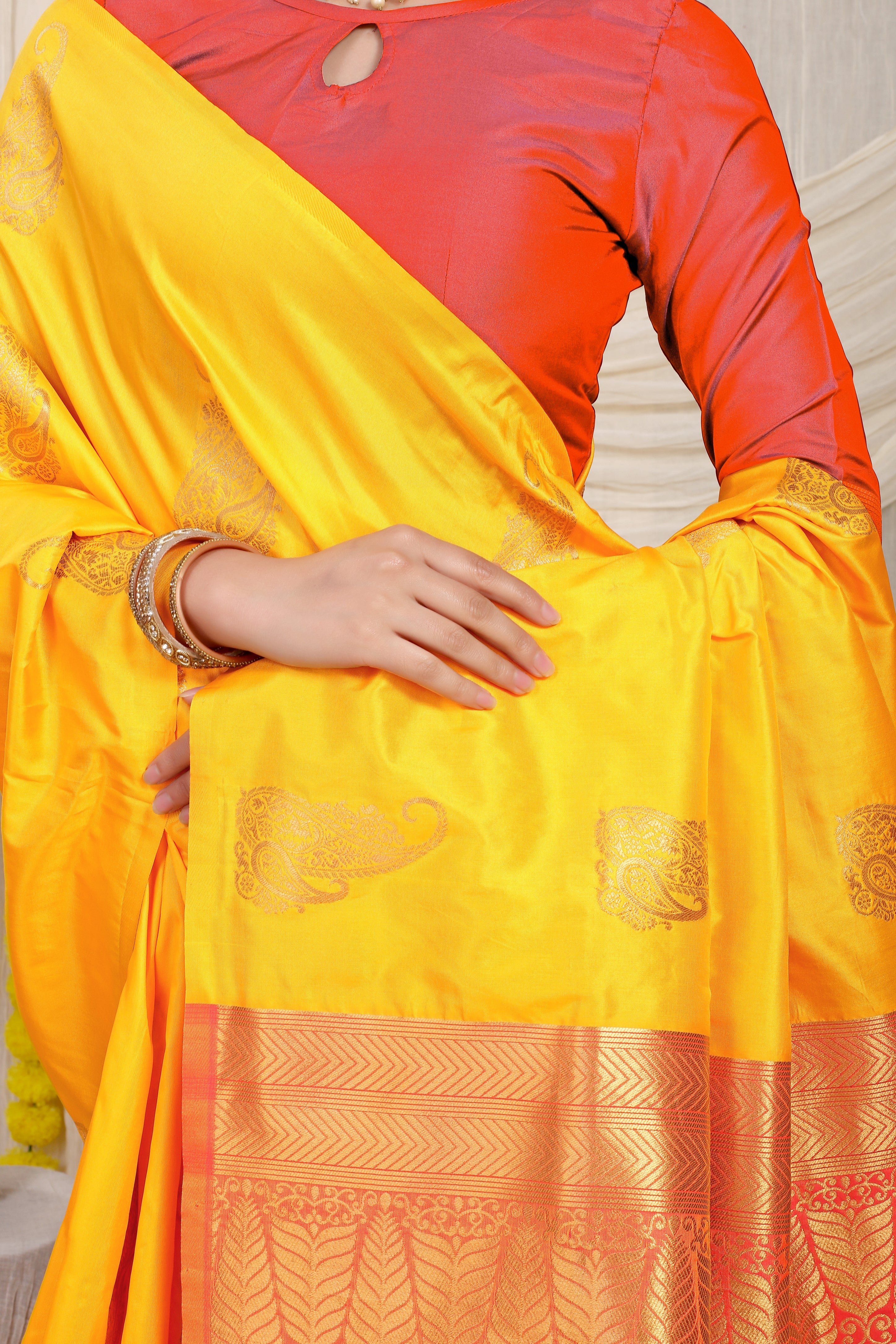 Mustard Beautiful Pure Silk Banarasi Saree With Copper Zari Work