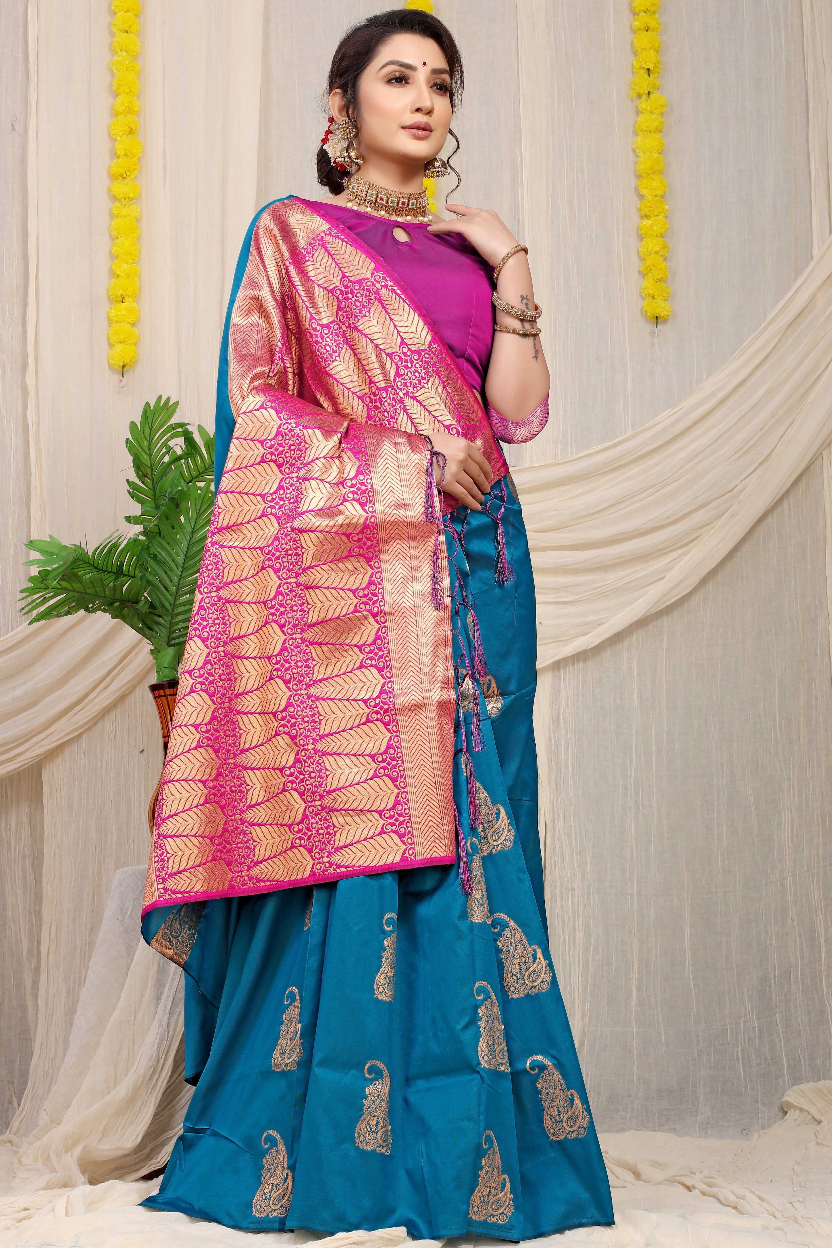 Teal Beautiful Pure Silk Banarasi Saree With Copper Zari Work