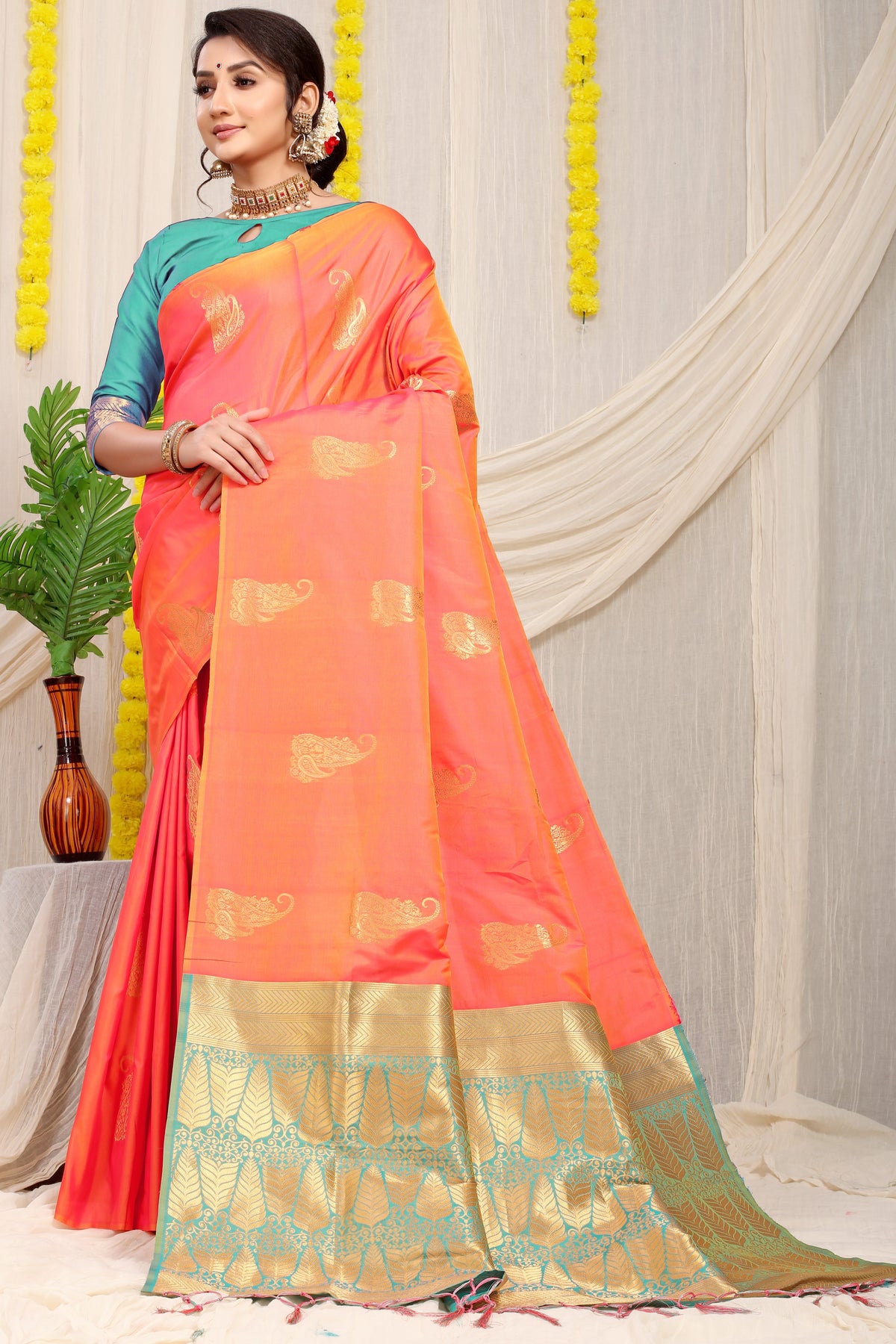 Orange Beautiful Pure Silk Banarasi Saree With Copper Zari Work