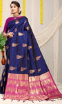 Navy Blue Beautiful Pure Silk Banarasi Saree With Copper Zari Work