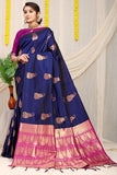 Navy Blue Beautiful Pure Silk Banarasi Saree With Copper Zari Work