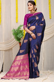 Navy Blue Beautiful Pure Silk Banarasi Saree With Copper Zari Work