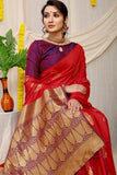 Red Beautiful Pure Silk Banarasi Saree With Copper Zari Work