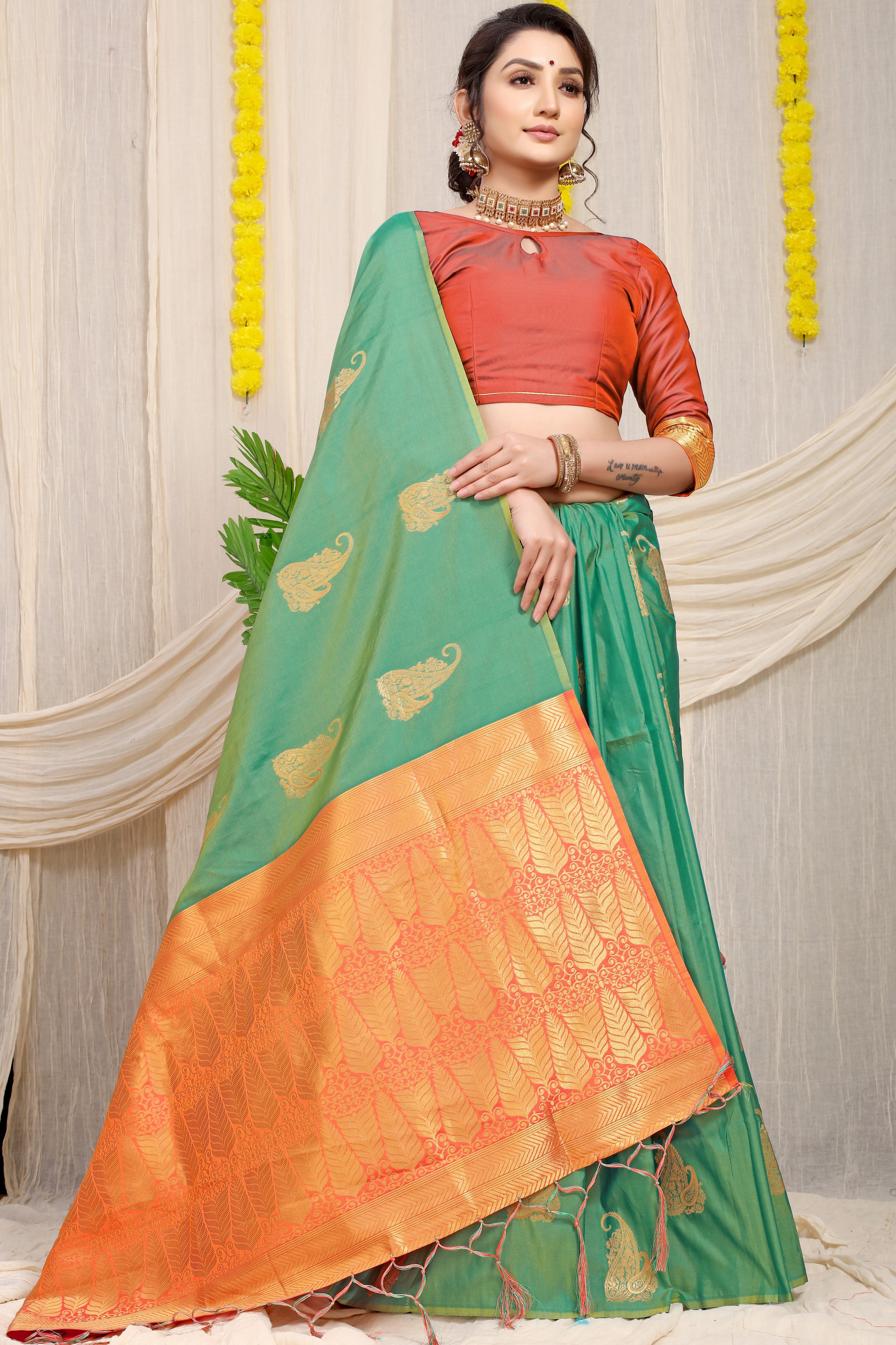 Sky Green Beautiful Pure Silk Banarasi Saree With Copper Zari Work