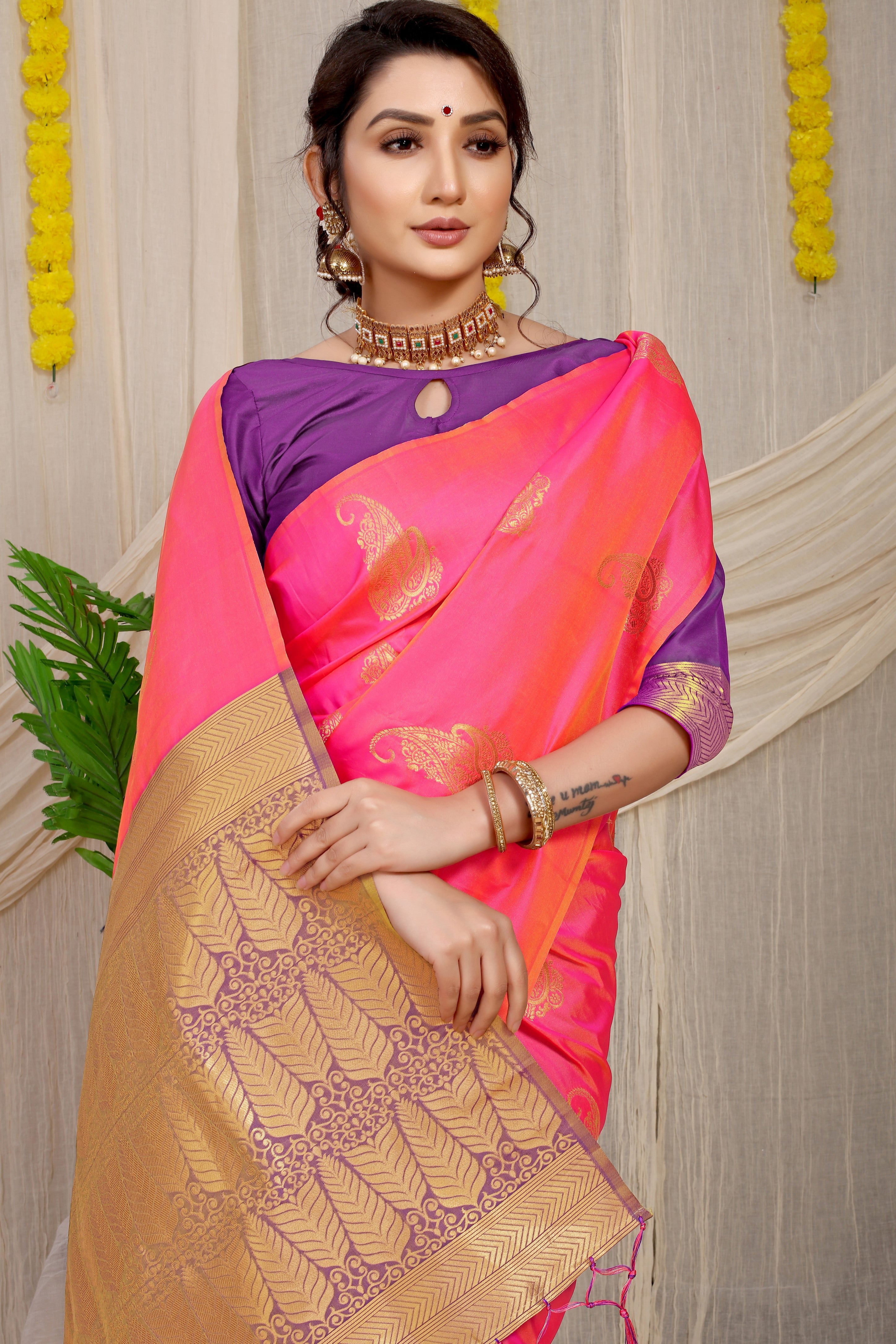 Peach Beautiful Pure Silk Banarasi Saree With Copper Zari Work