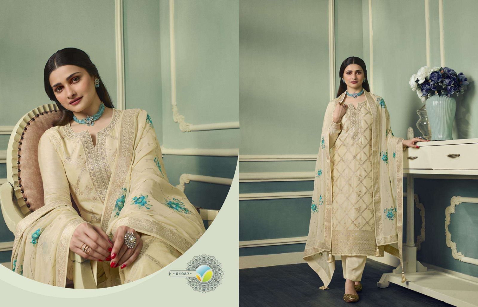 Pure Viscouse Jacquard with Neck Embroidered & Stone work suit