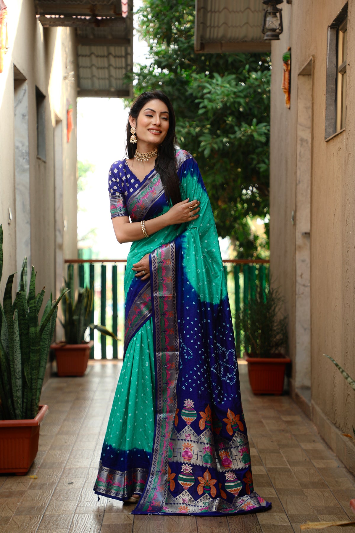 Beautiful Bandhej design saree with Zari Weaving