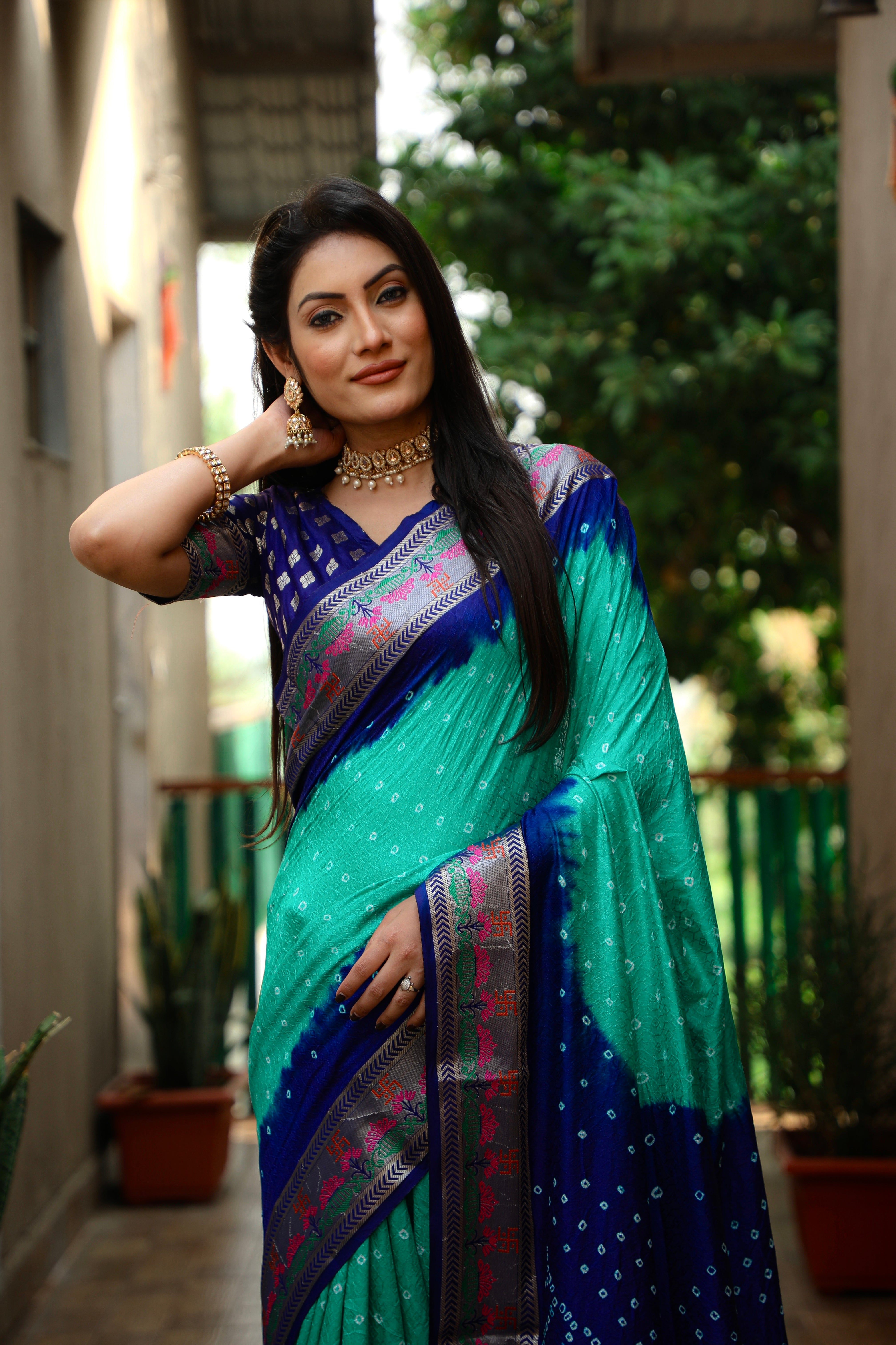 Beautiful Bandhej design saree with Zari Weaving