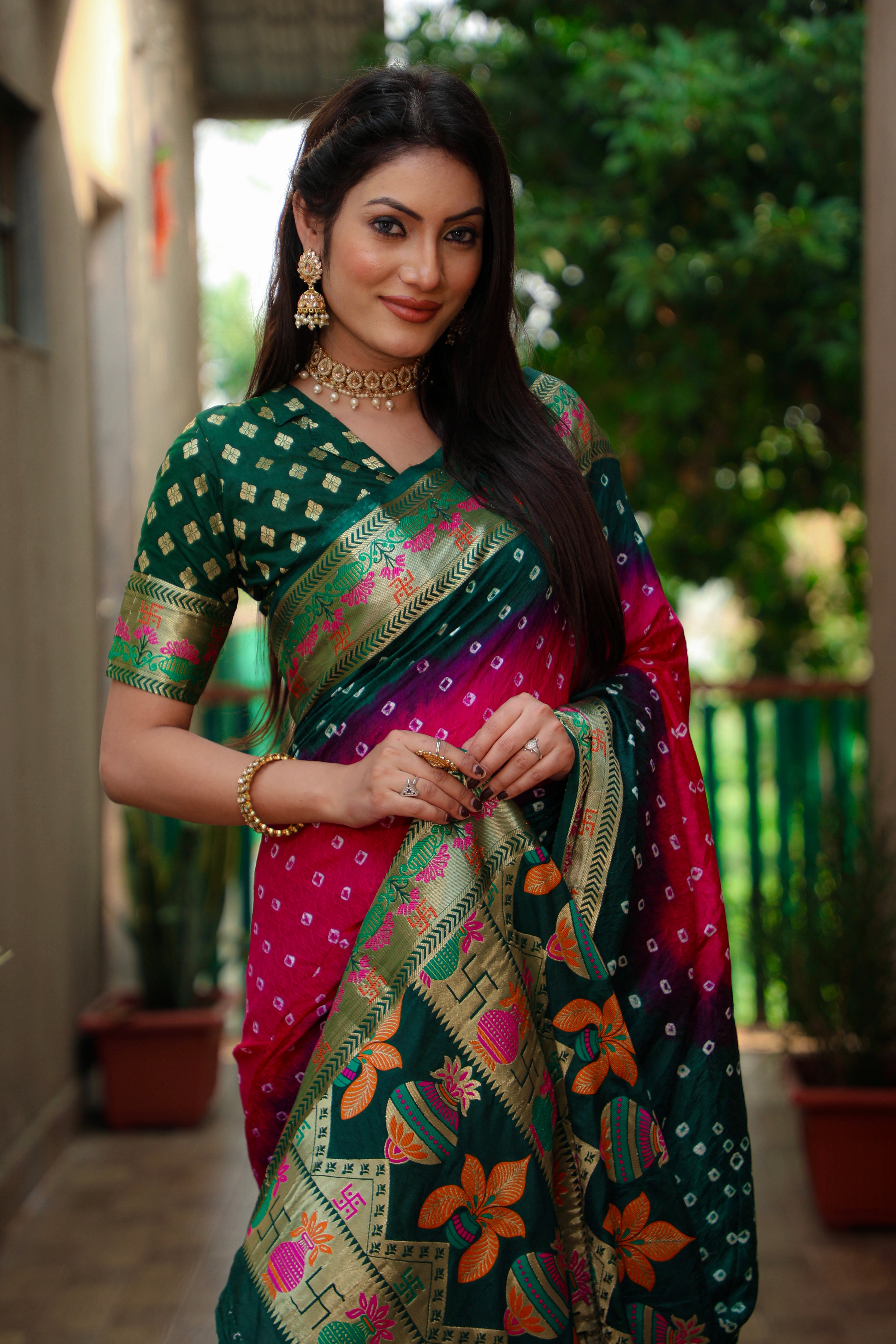 Beautiful Bandhej design saree with Zari Weaving