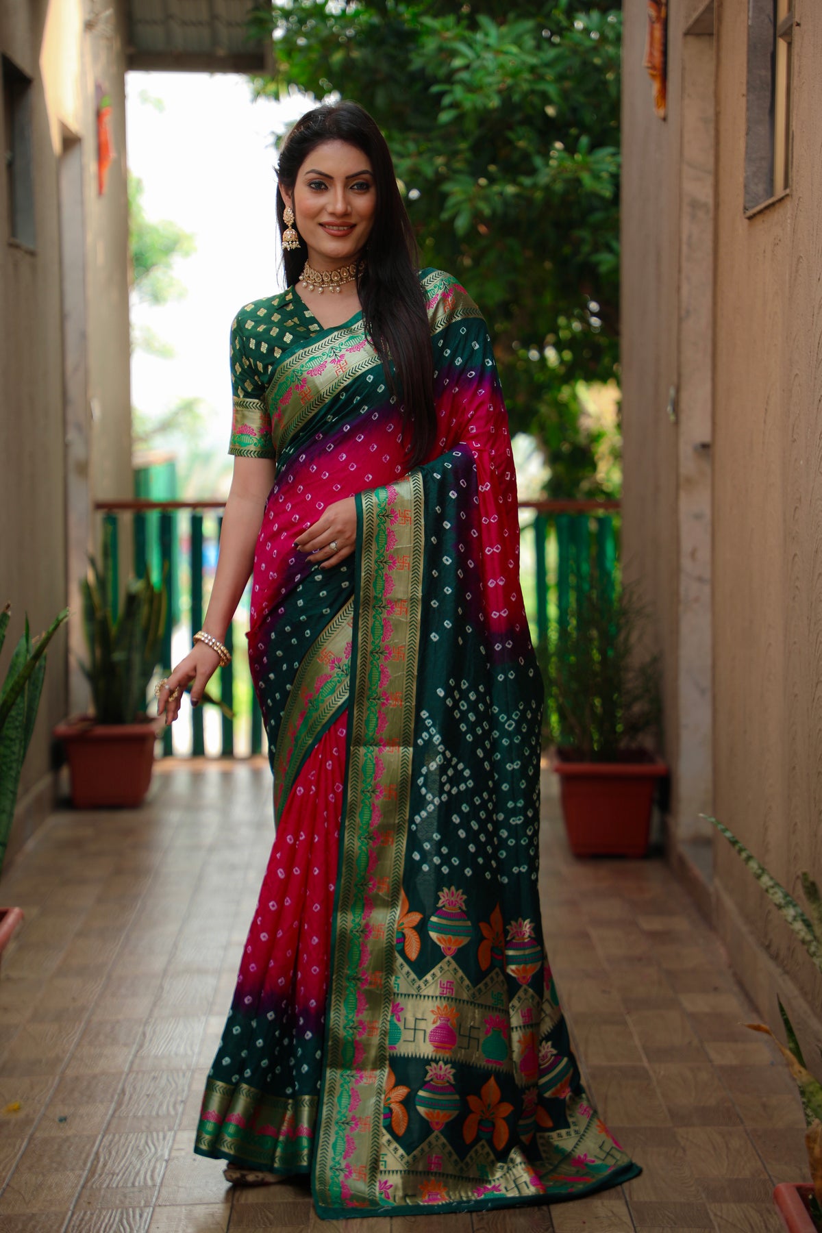 Beautiful Bandhej design saree with Zari Weaving