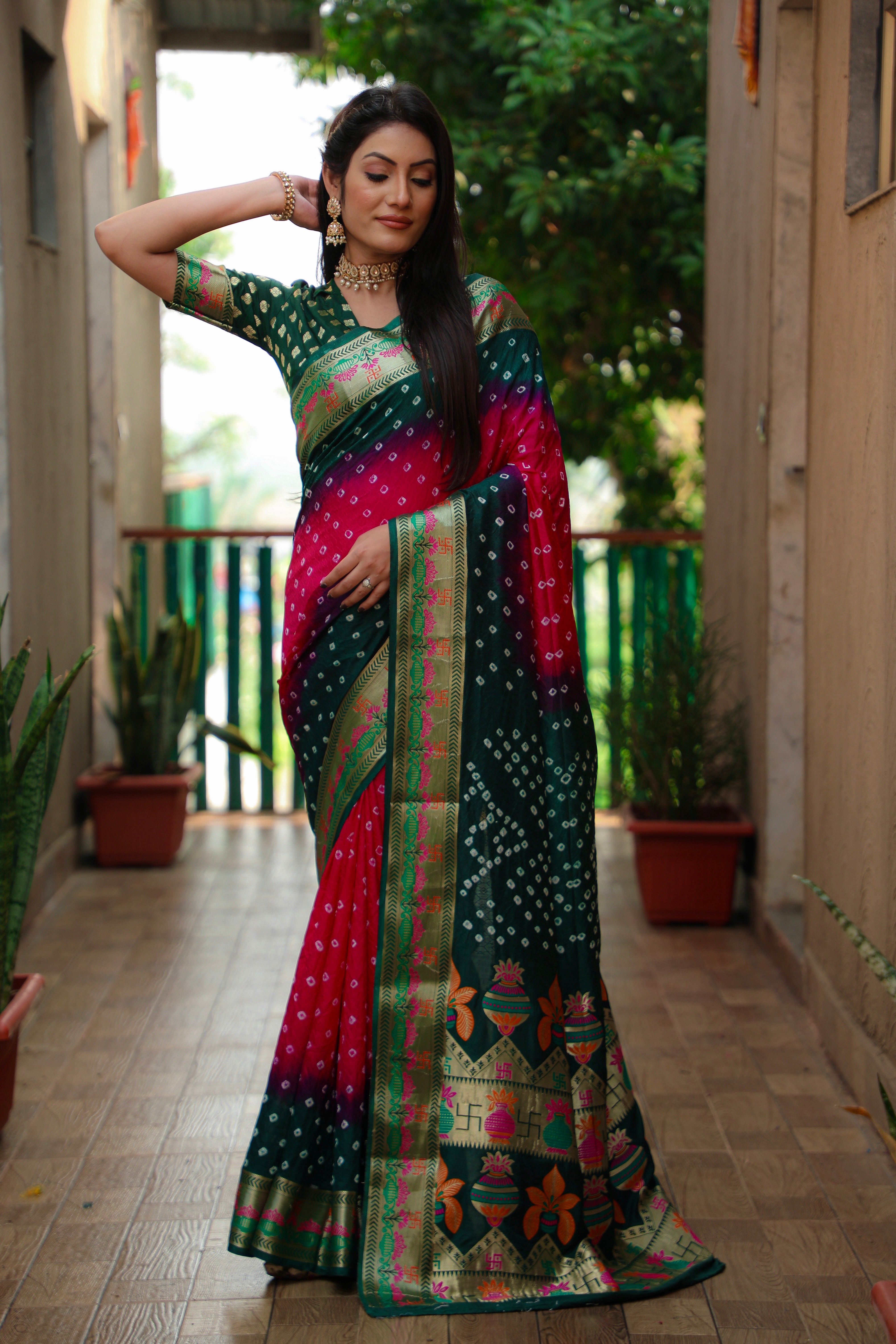 Beautiful Bandhej design saree with Zari Weaving