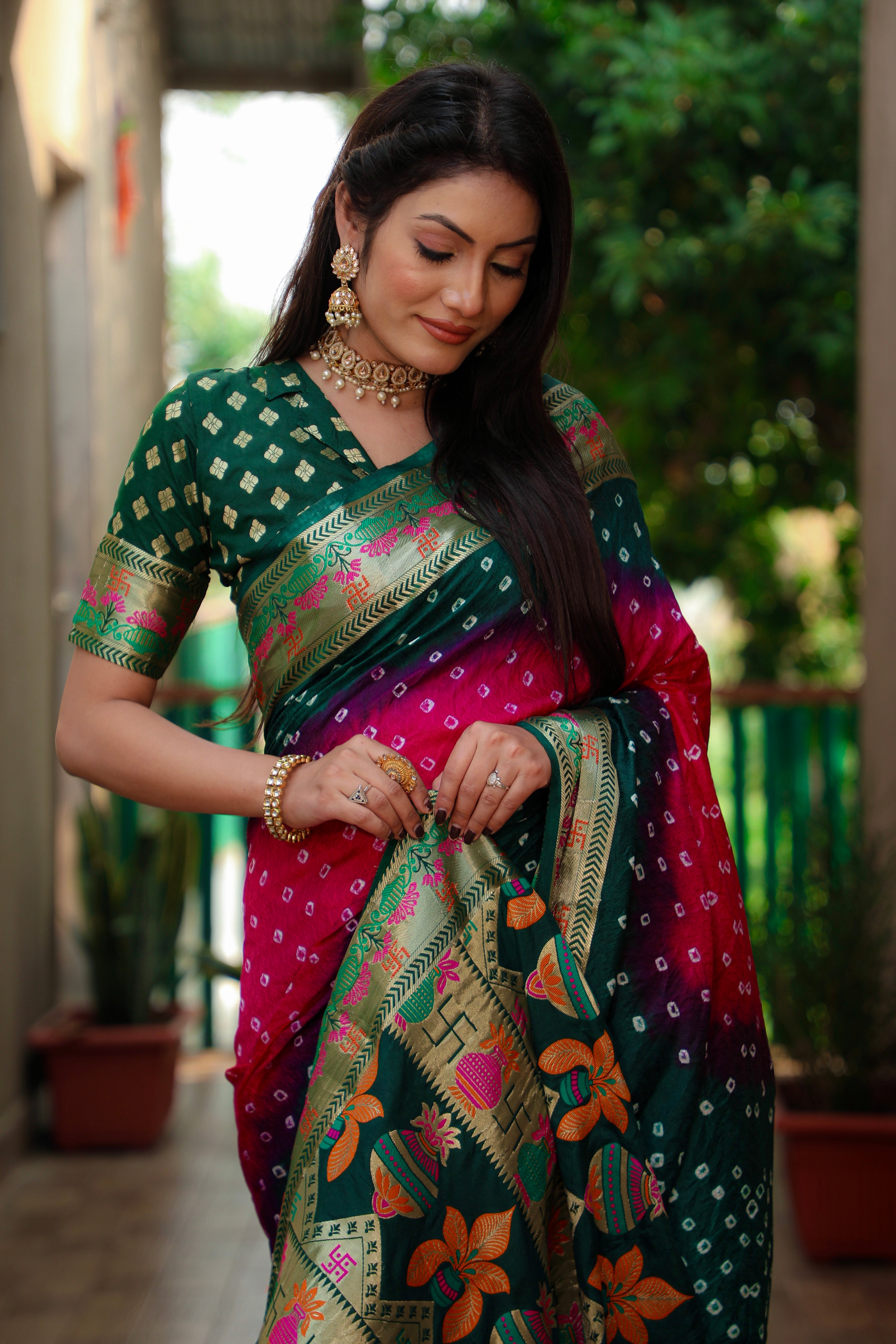 Beautiful Bandhej design saree with Zari Weaving