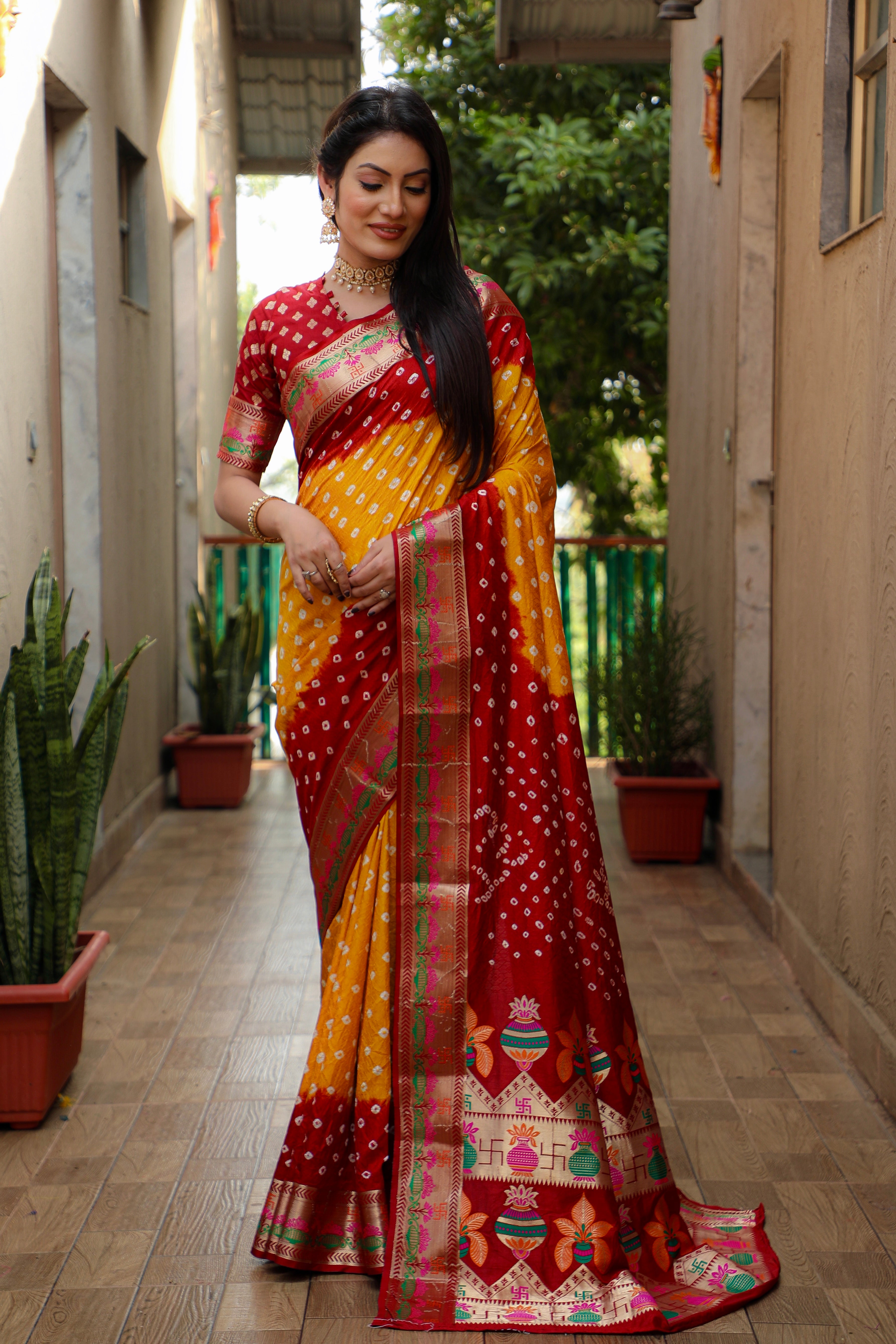 Beautiful Bandhej design saree with Zari Weaving