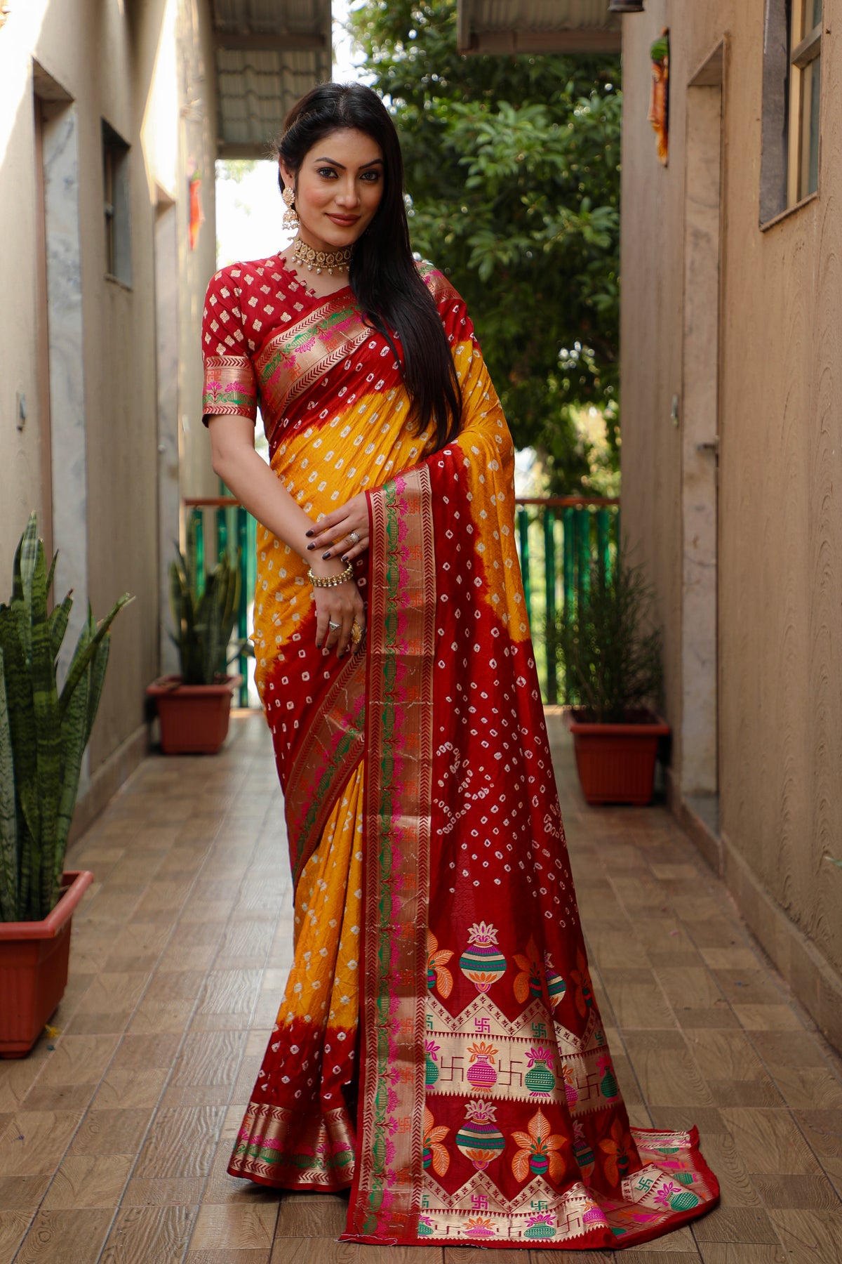 Beautiful Bandhej design saree with Zari Weaving