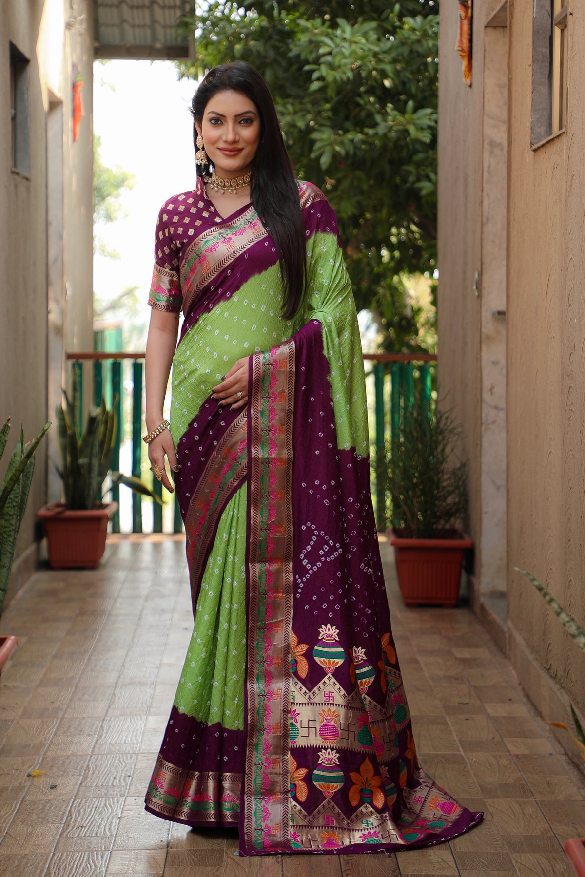 Beautiful Bandhej design saree with Zari Weaving