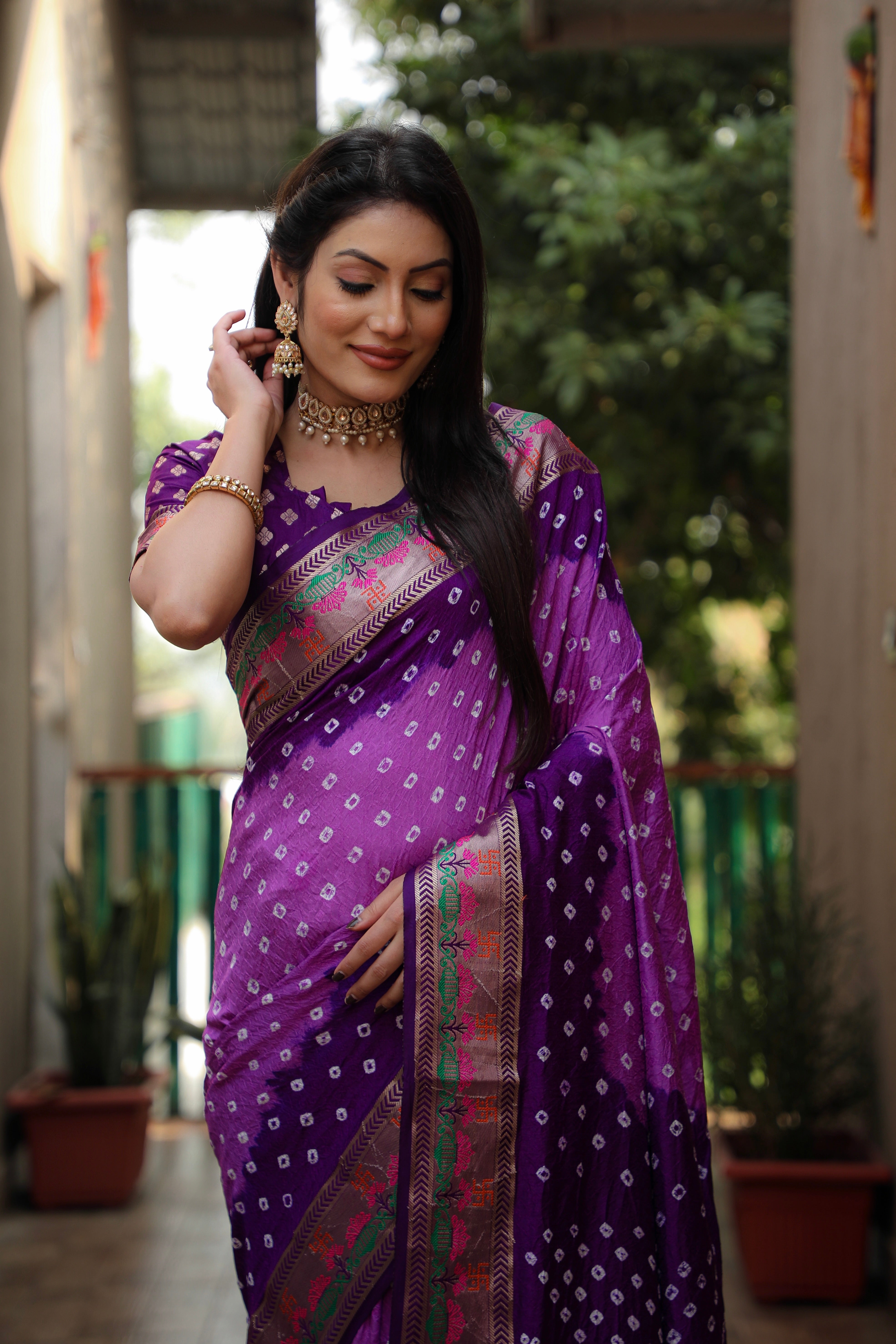 Beautiful Bandhej design saree with Zari Weaving