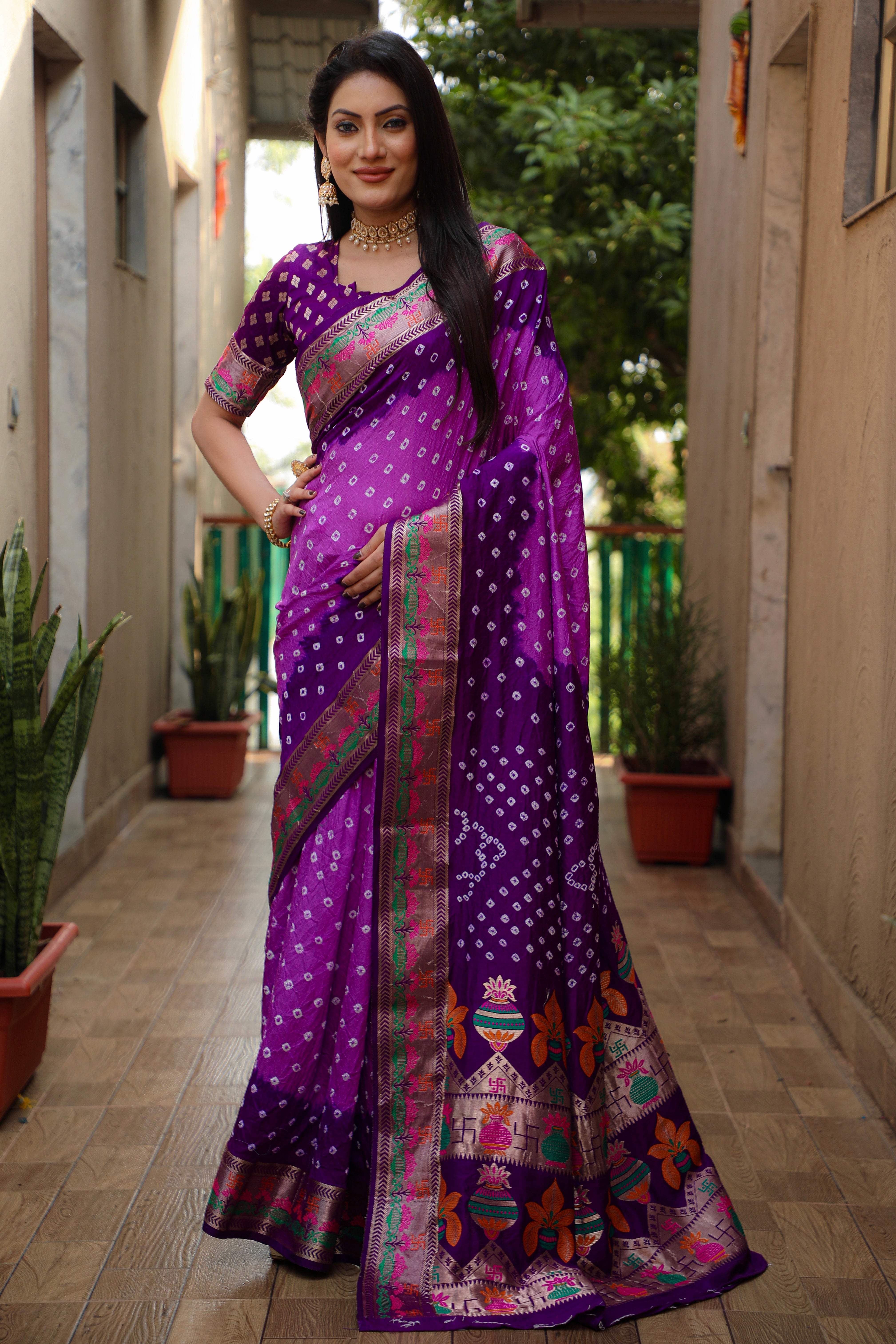 Beautiful Bandhej design saree with Zari Weaving