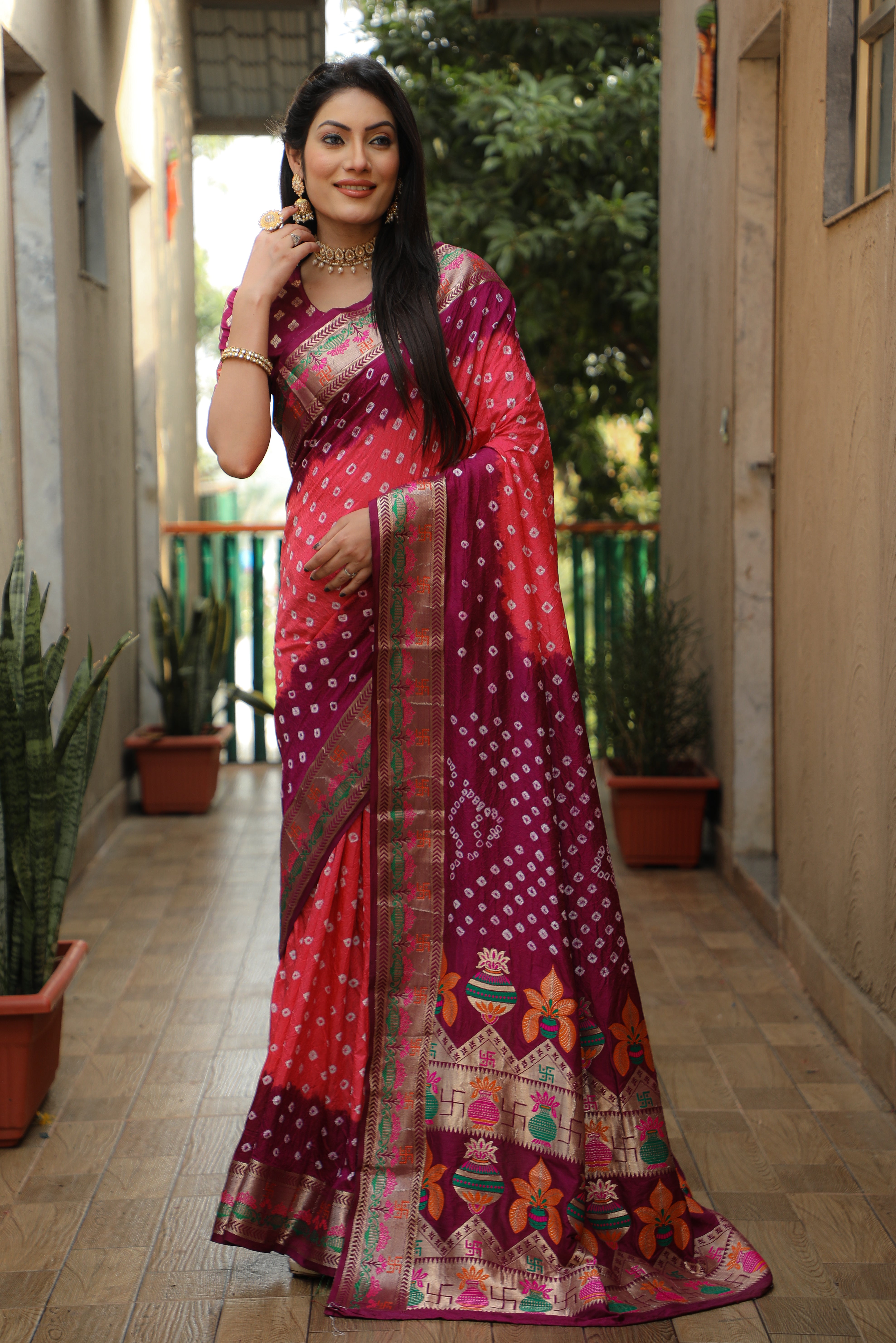 Beautiful Bandhej design saree with Zari Weaving