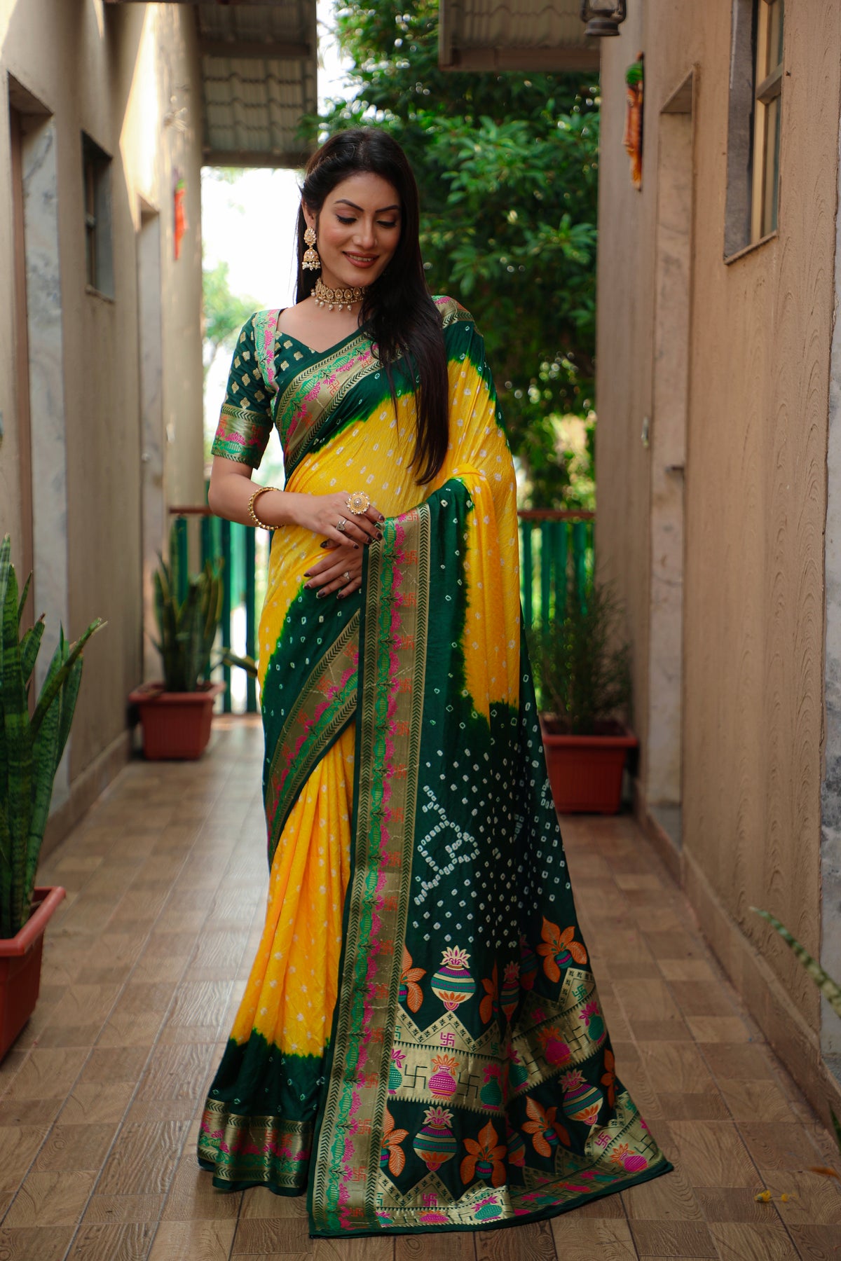 Beautiful Bandhej design saree with Zari Weaving