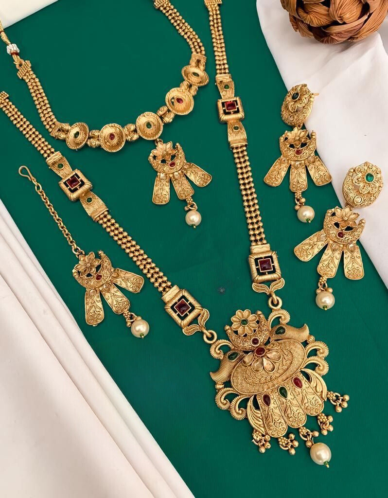 Rajwadi Golden Plated Necklace And Long Set