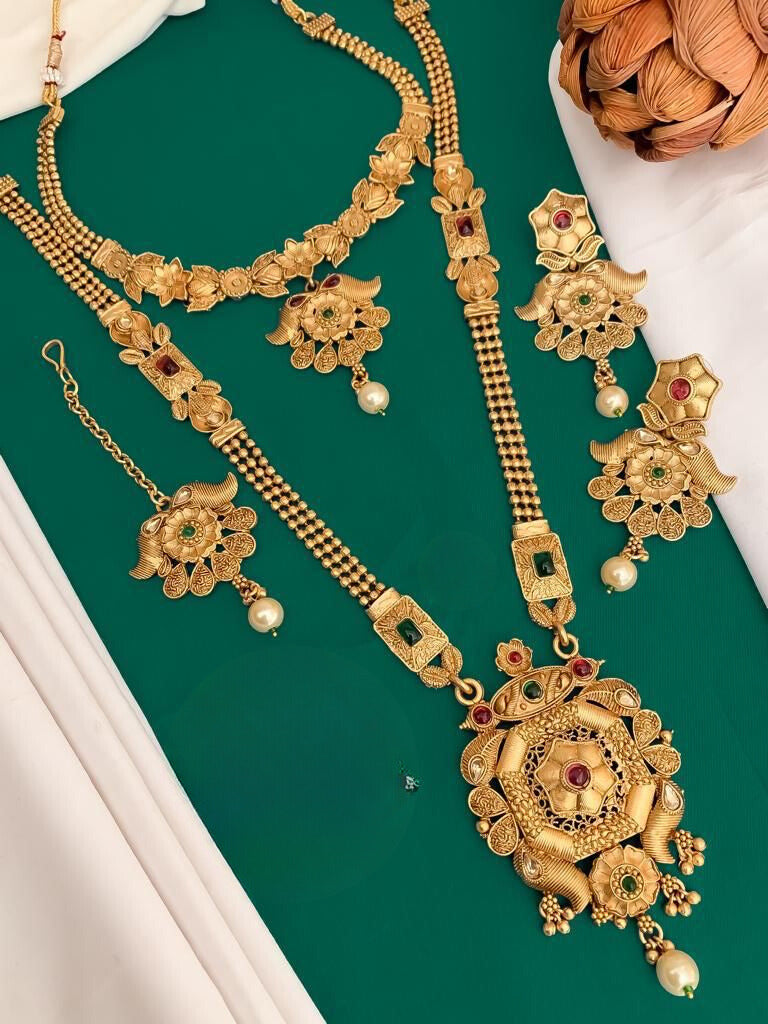 Fancy Rajwadi Gold Plated Combo Set With Mang Tikka