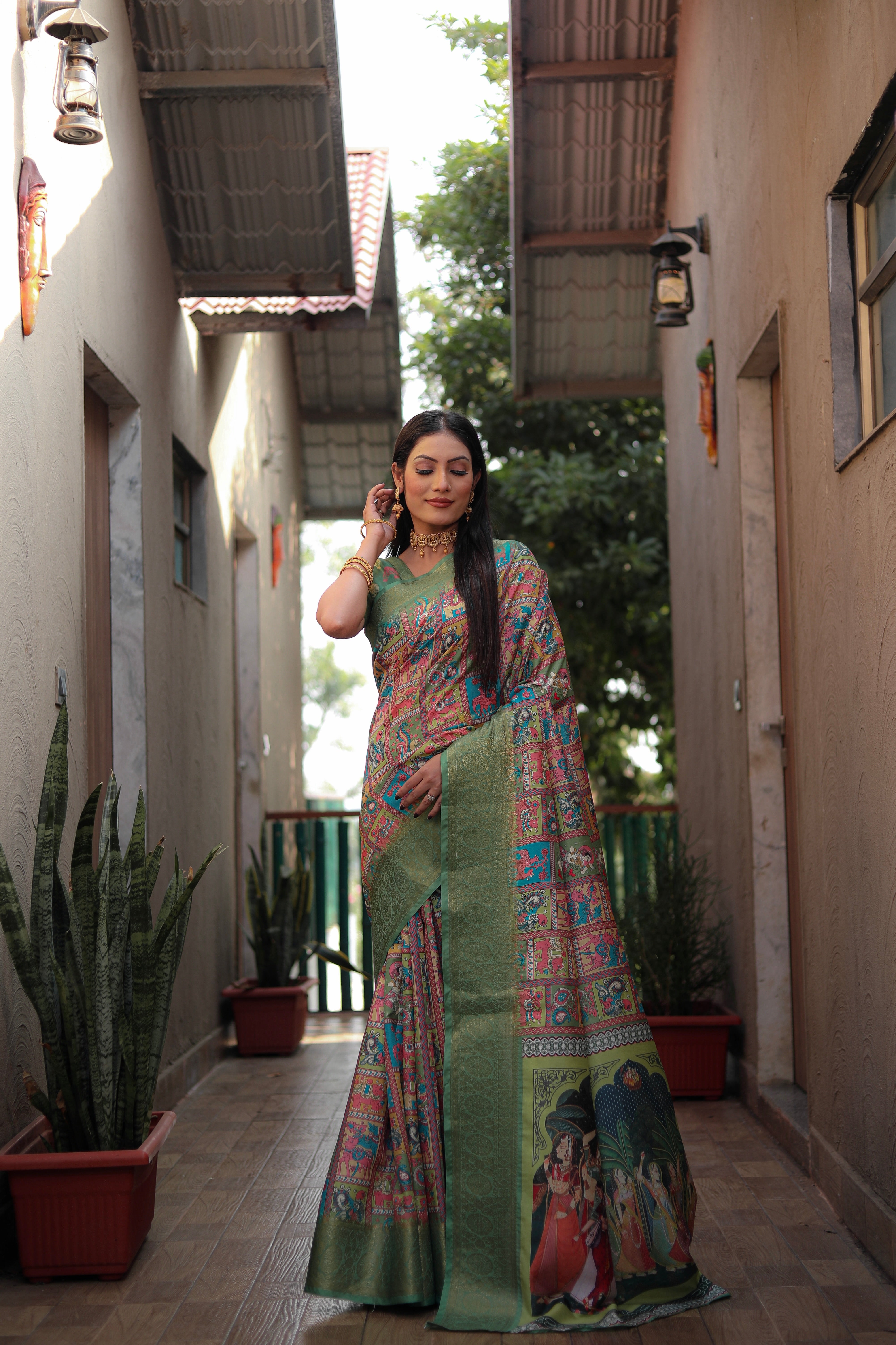 Green Soft Dola Silk saree with Kalamkari digital Print