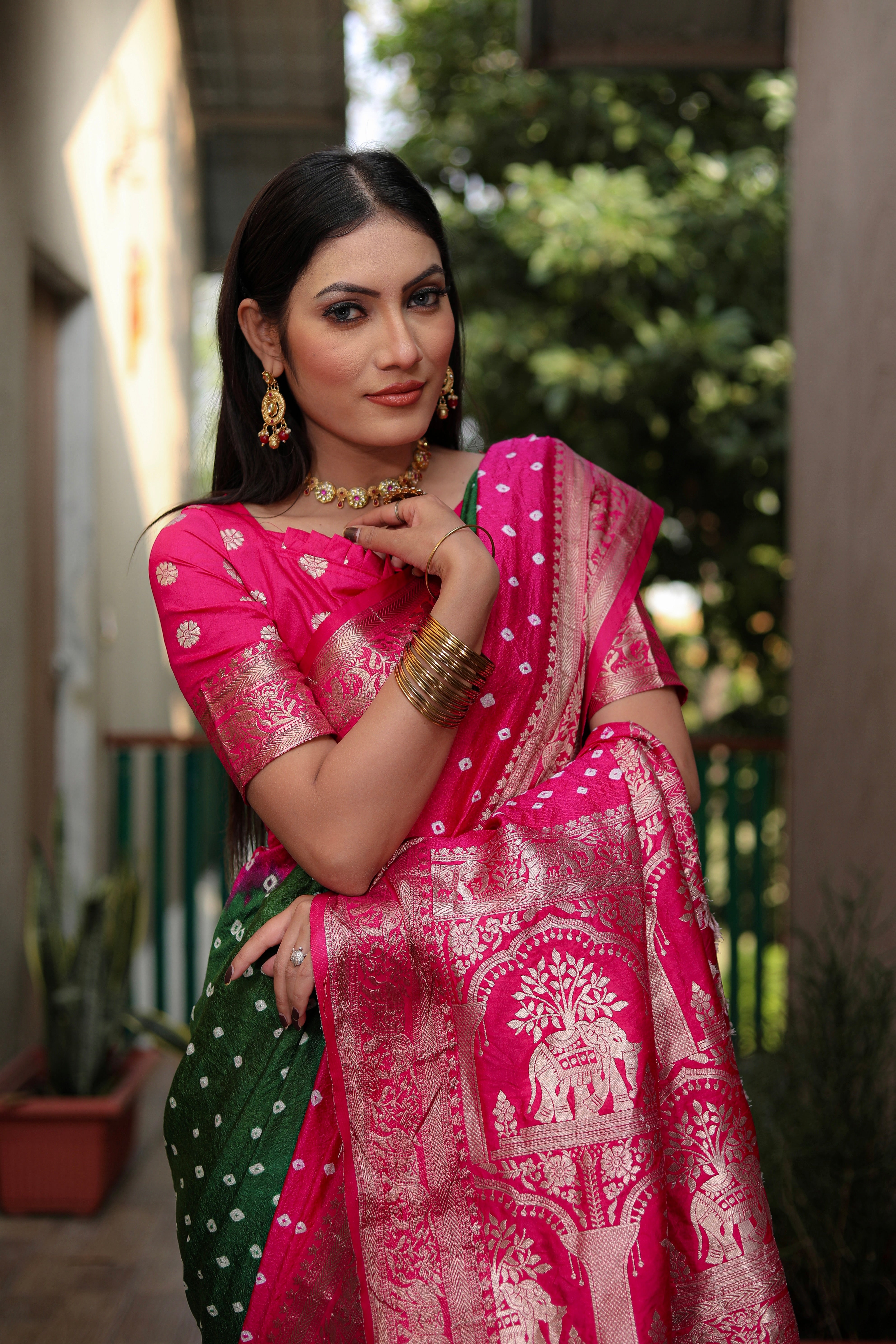 Beautiful Bandhej design saree with Zari Weaving