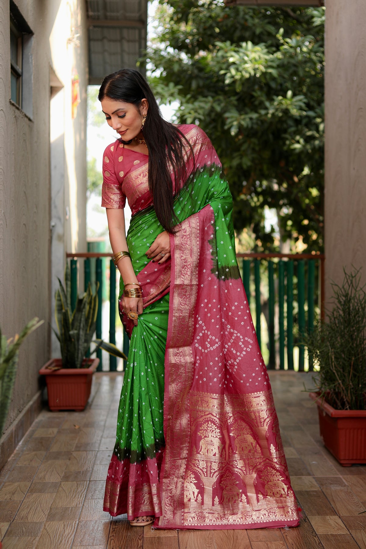 Beautiful Bandhej design saree with Zari Weaving