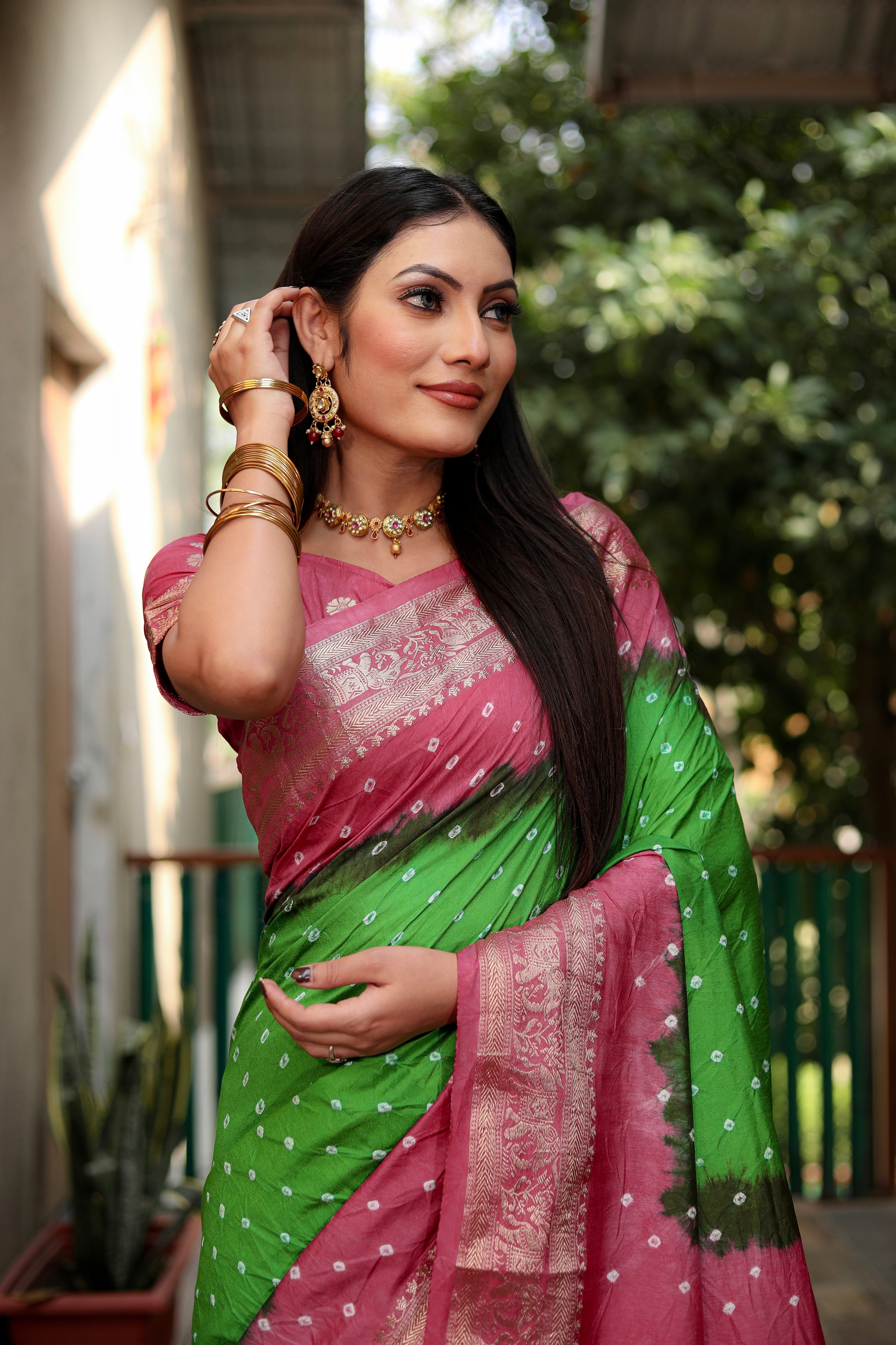 Beautiful Bandhej design saree with Zari Weaving