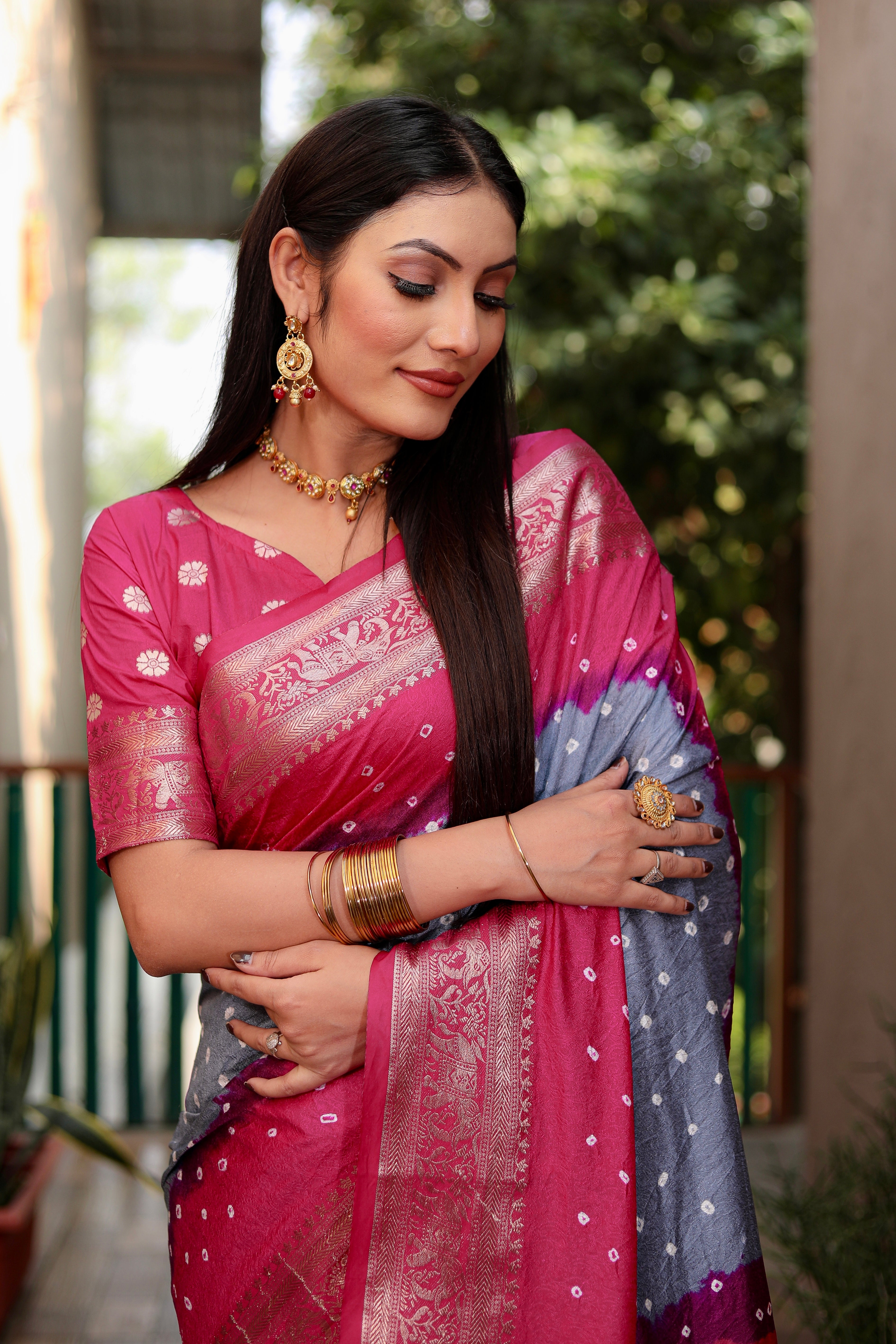 Beautiful Bandhej design saree with Zari Weaving