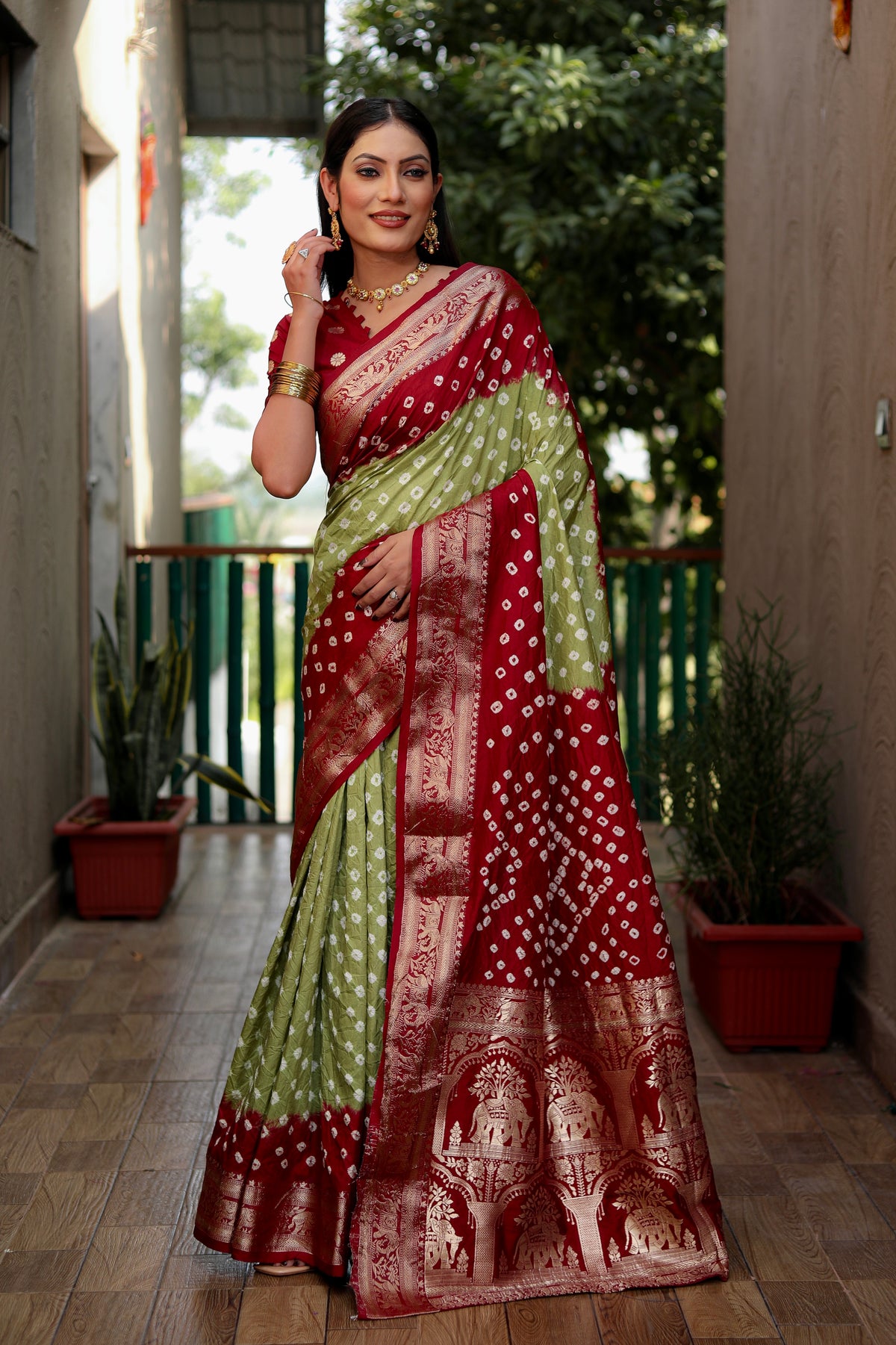 Beautiful Bandhej design saree with Zari Weaving