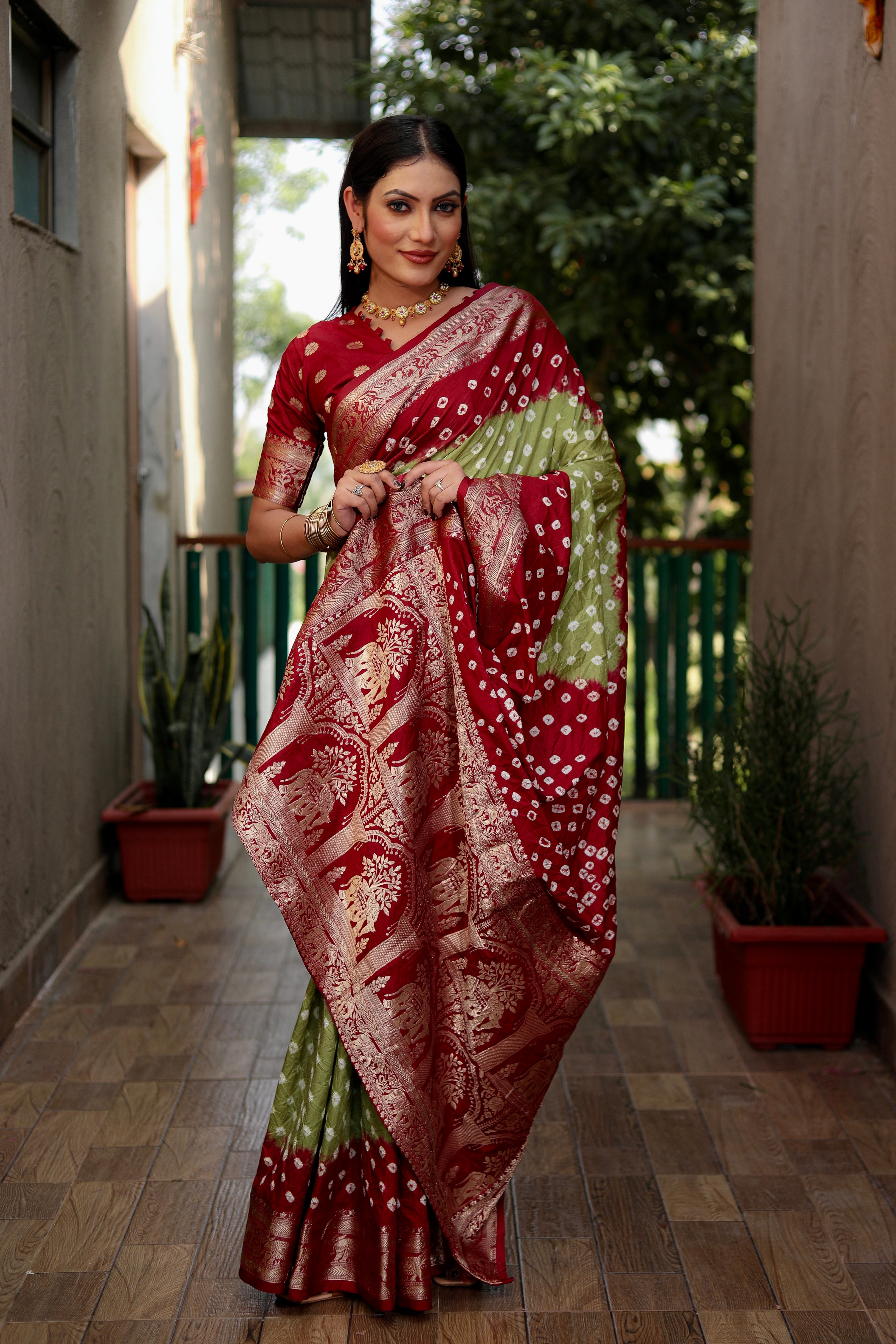 Beautiful Bandhej design saree with Zari Weaving