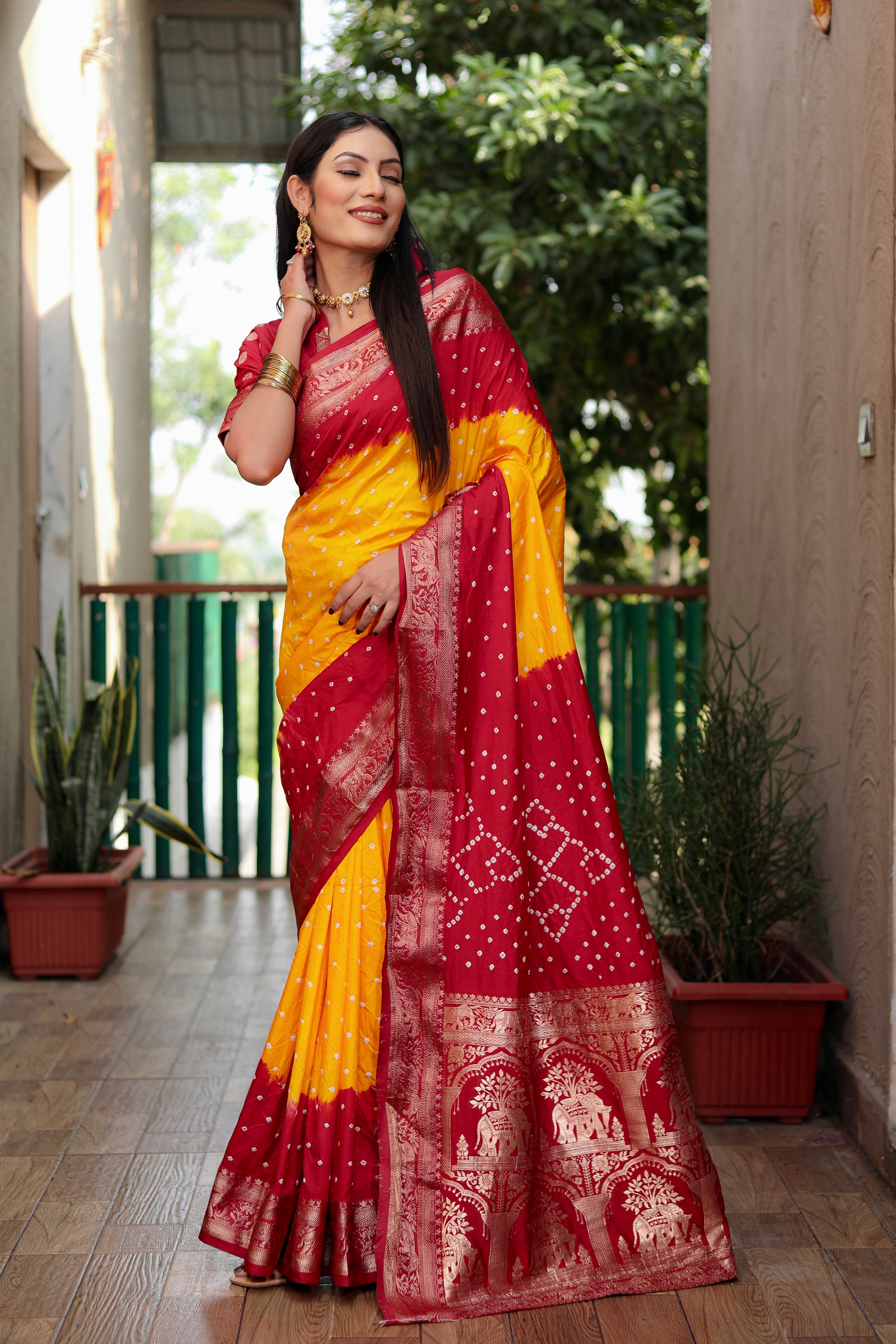 Beautiful Bandhej design saree with Zari Weaving