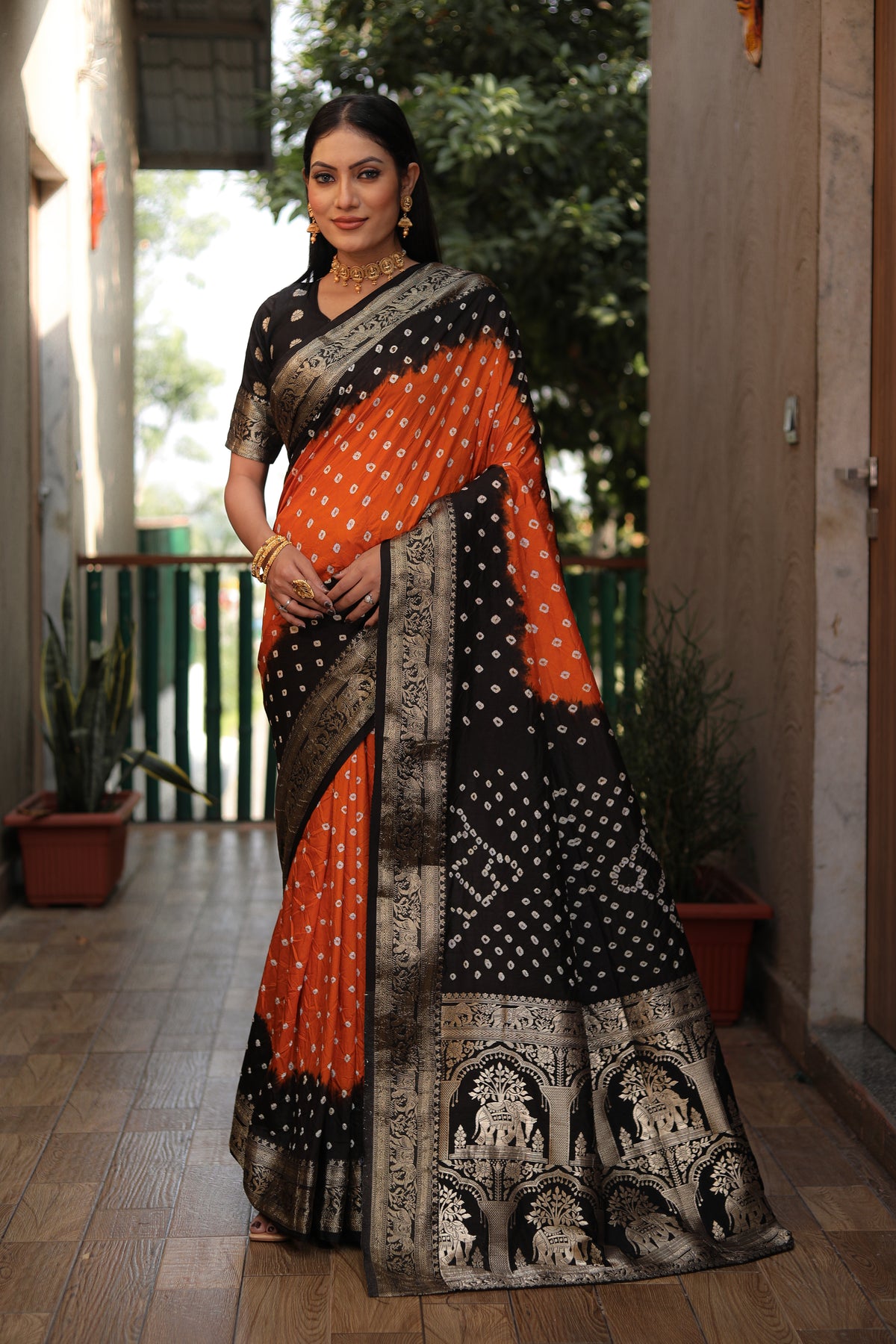 Beautiful Bandhej design saree with Zari Weaving