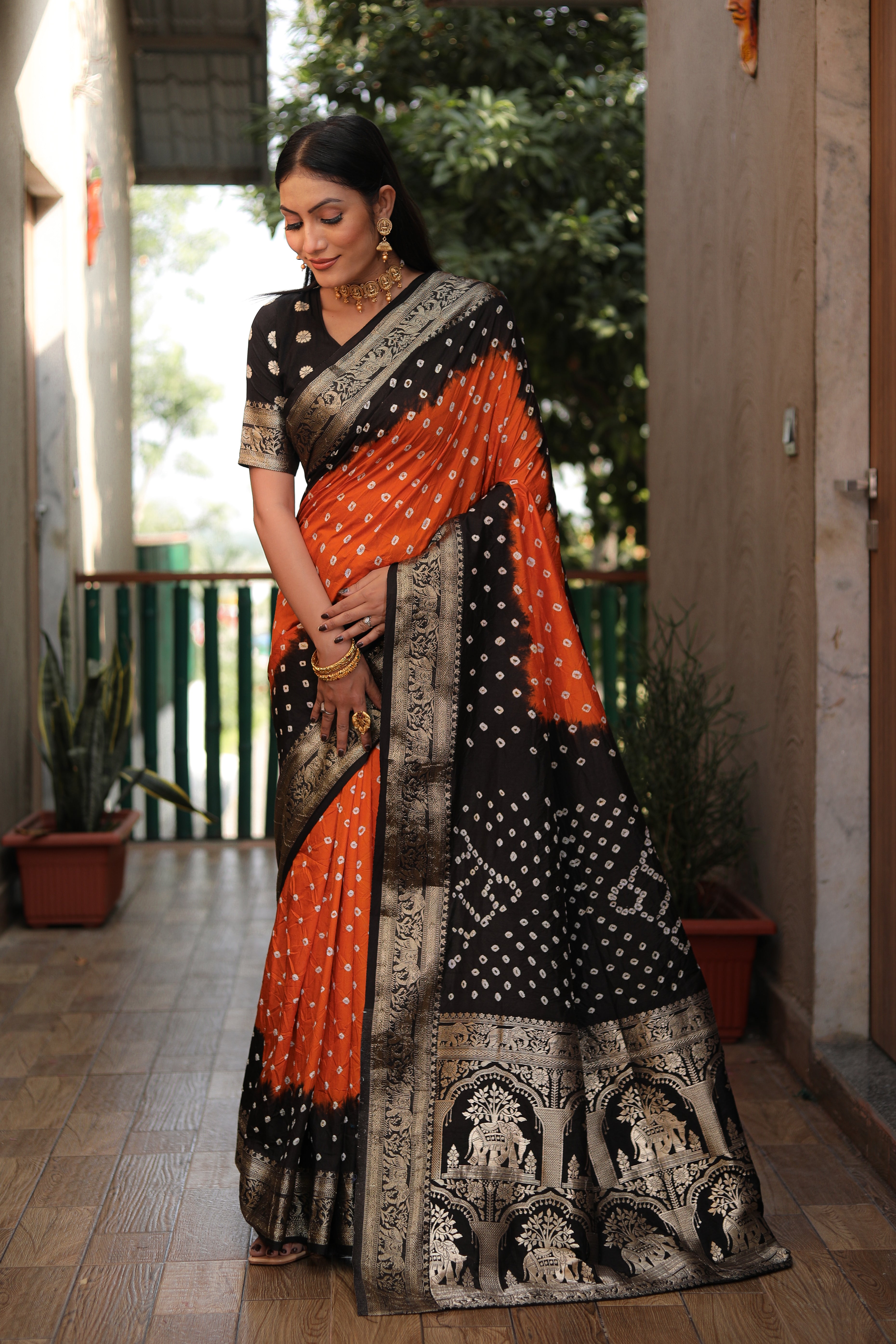 Beautiful Bandhej design saree with Zari Weaving