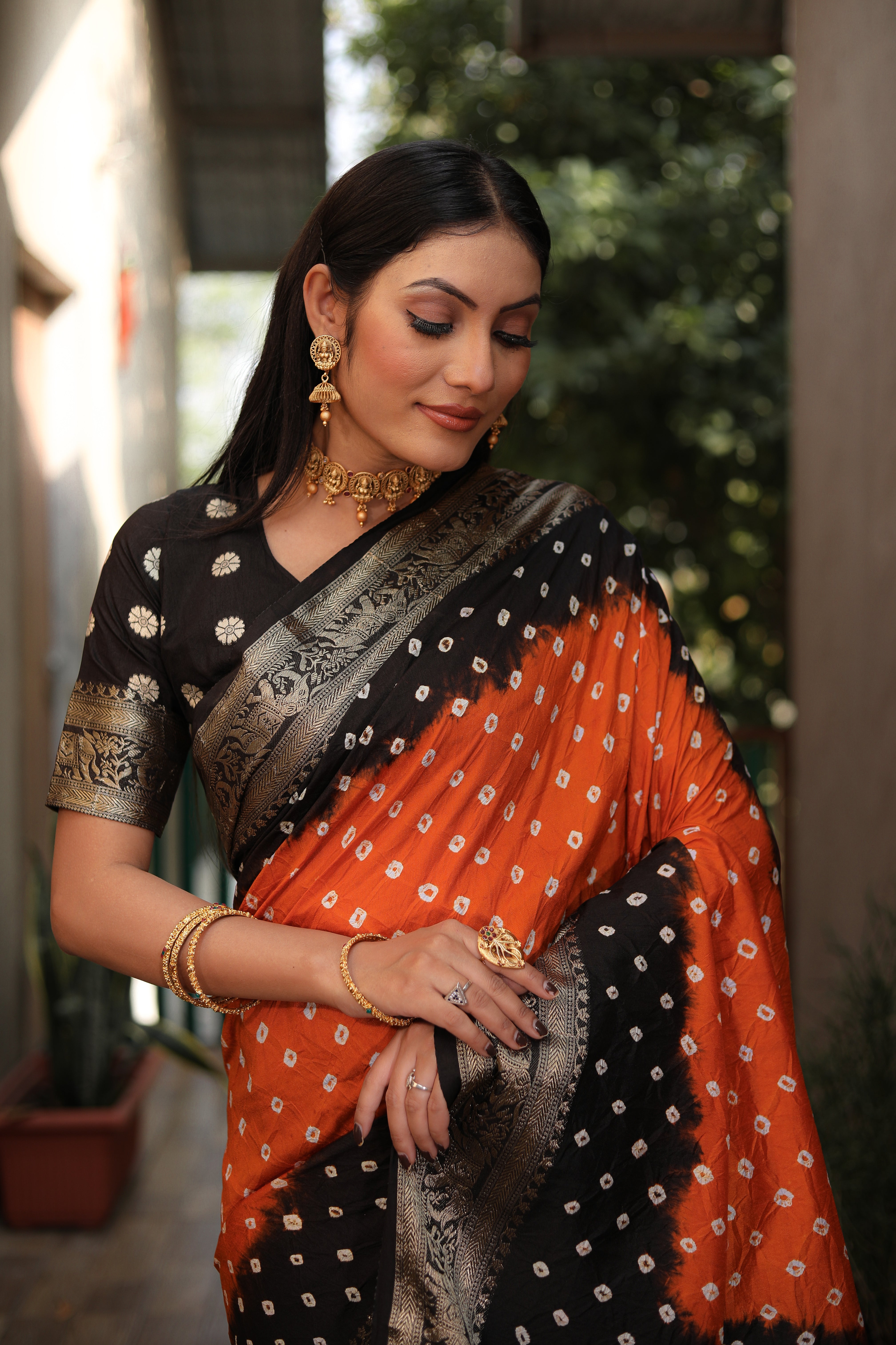 Beautiful Bandhej design saree with Zari Weaving