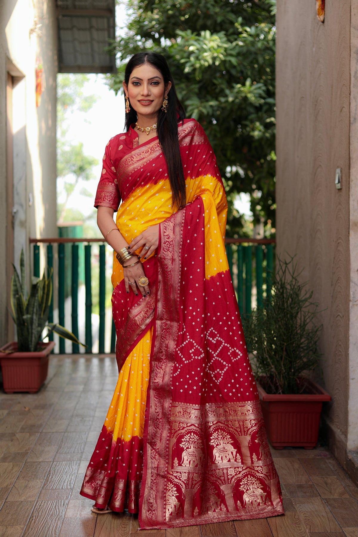 Beautiful Bandhej design saree with Zari Weaving