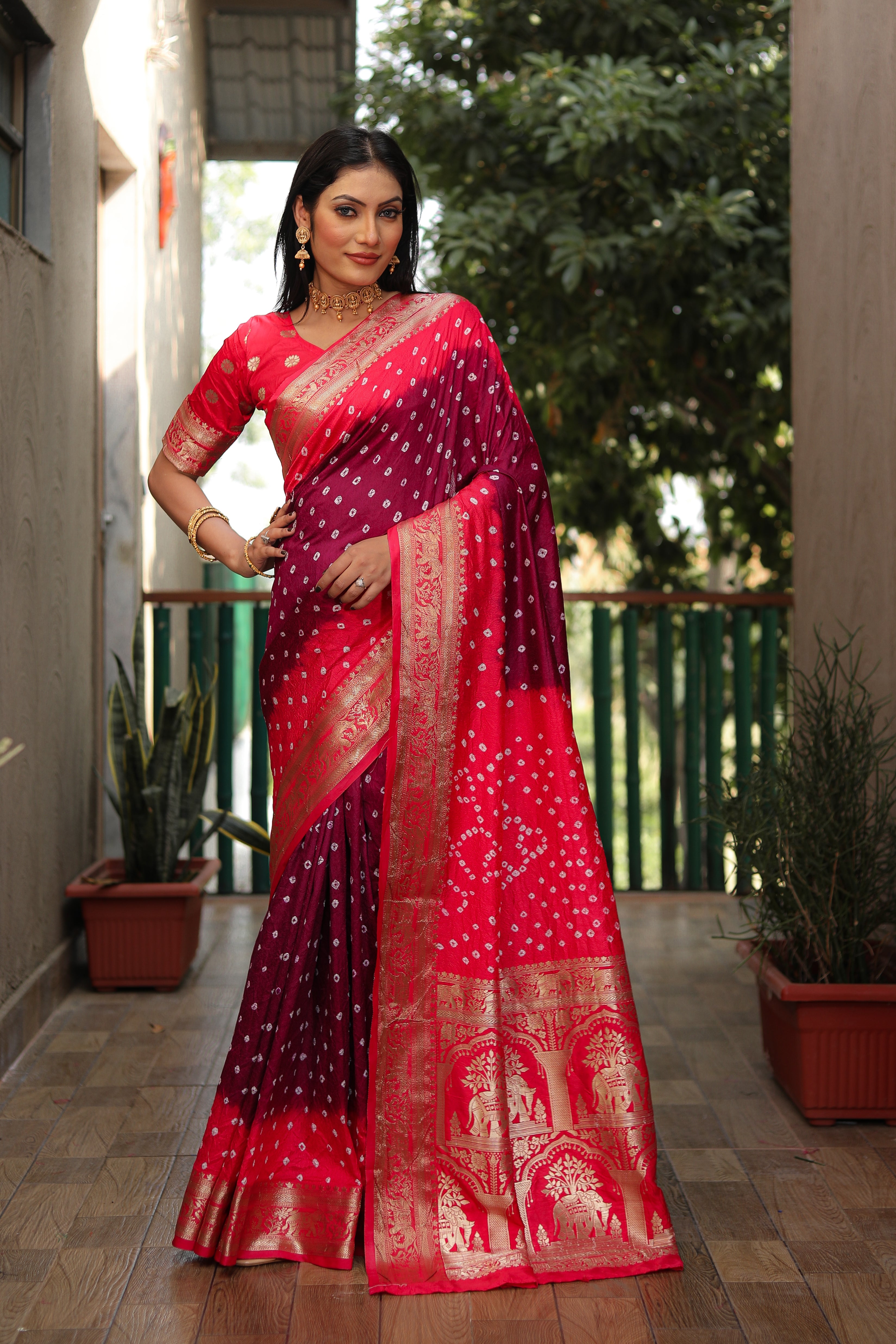 Beautiful Bandhej design saree with Zari Weaving