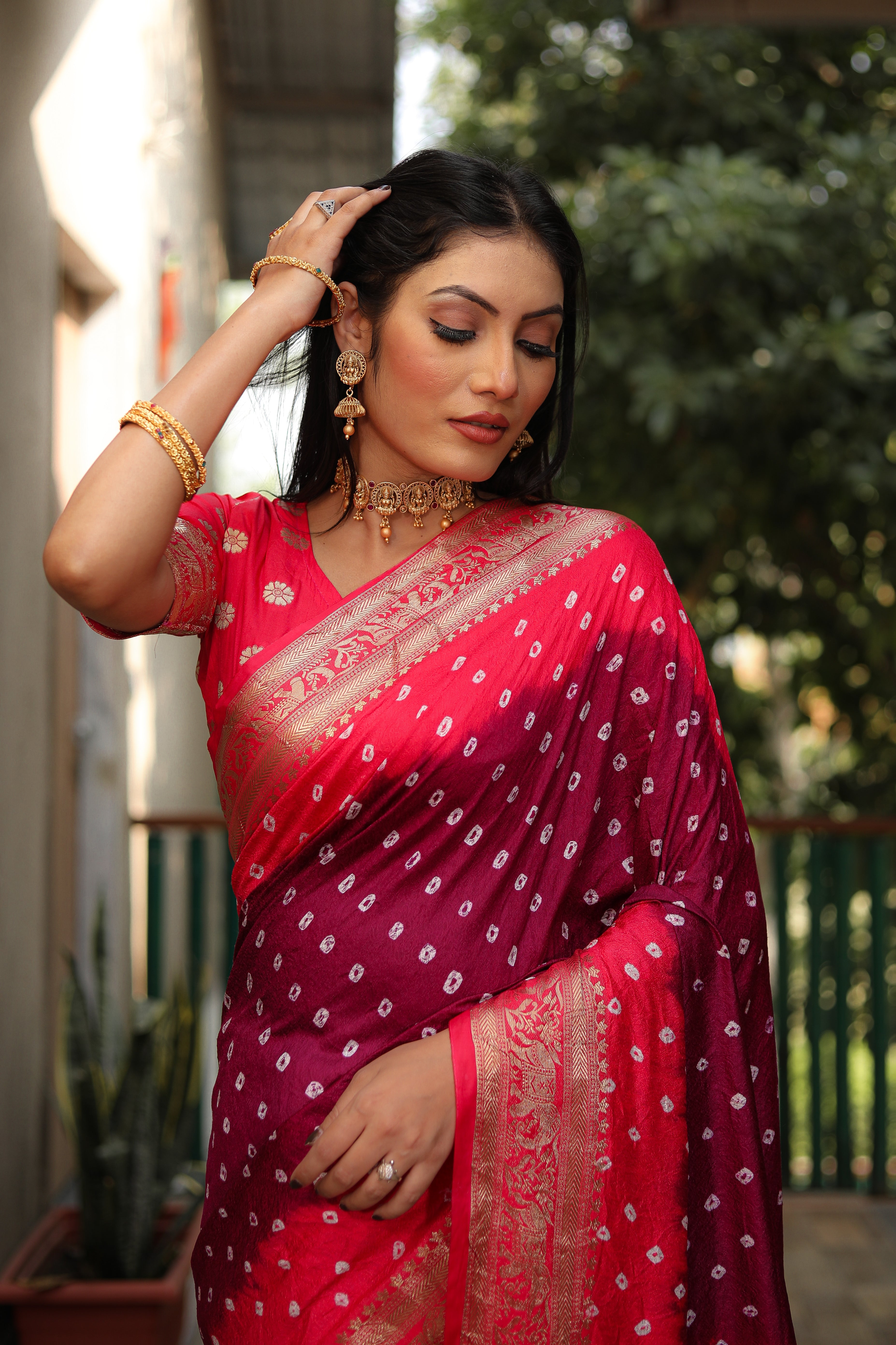 Beautiful Bandhej design saree with Zari Weaving