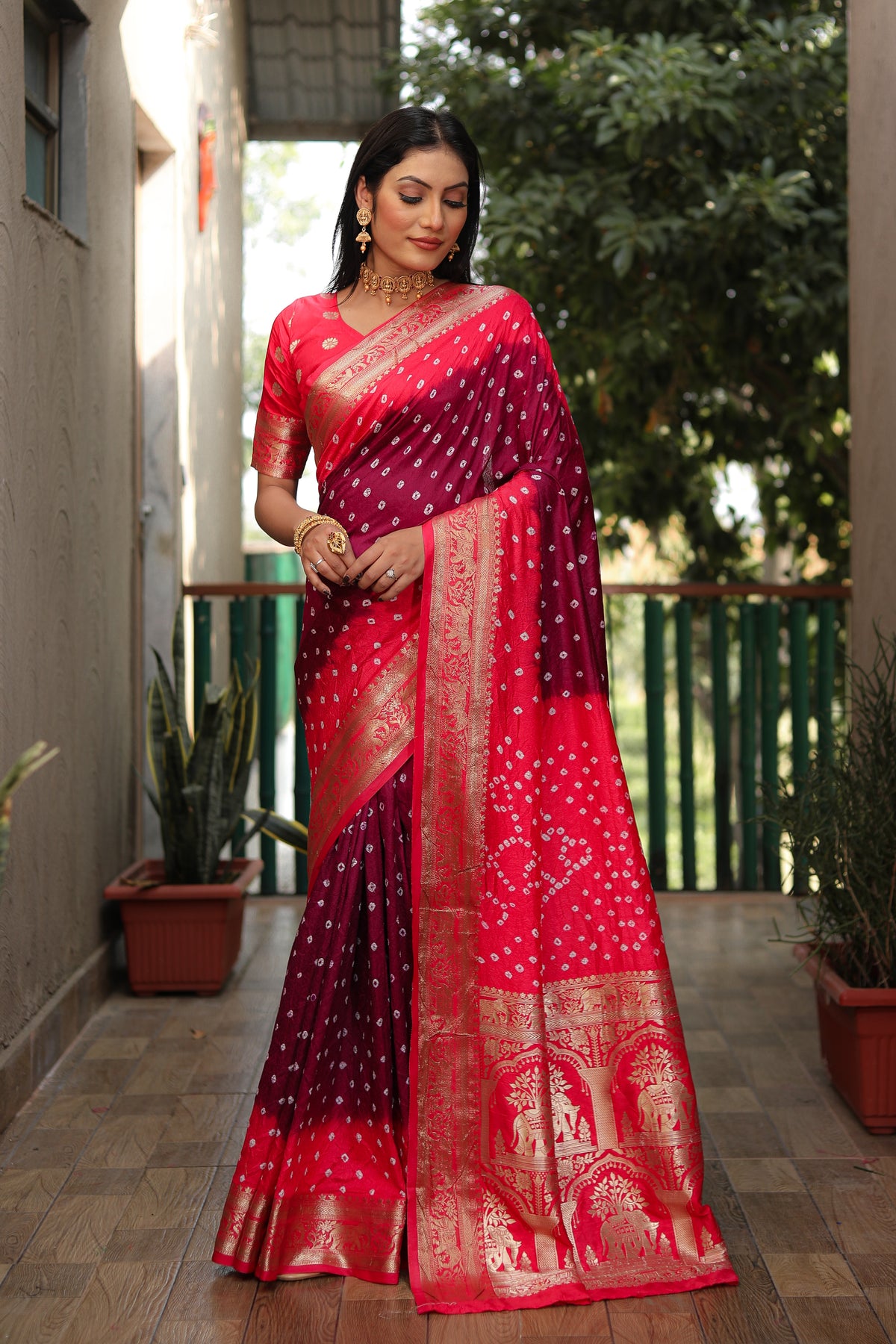 Beautiful Bandhej design saree with Zari Weaving