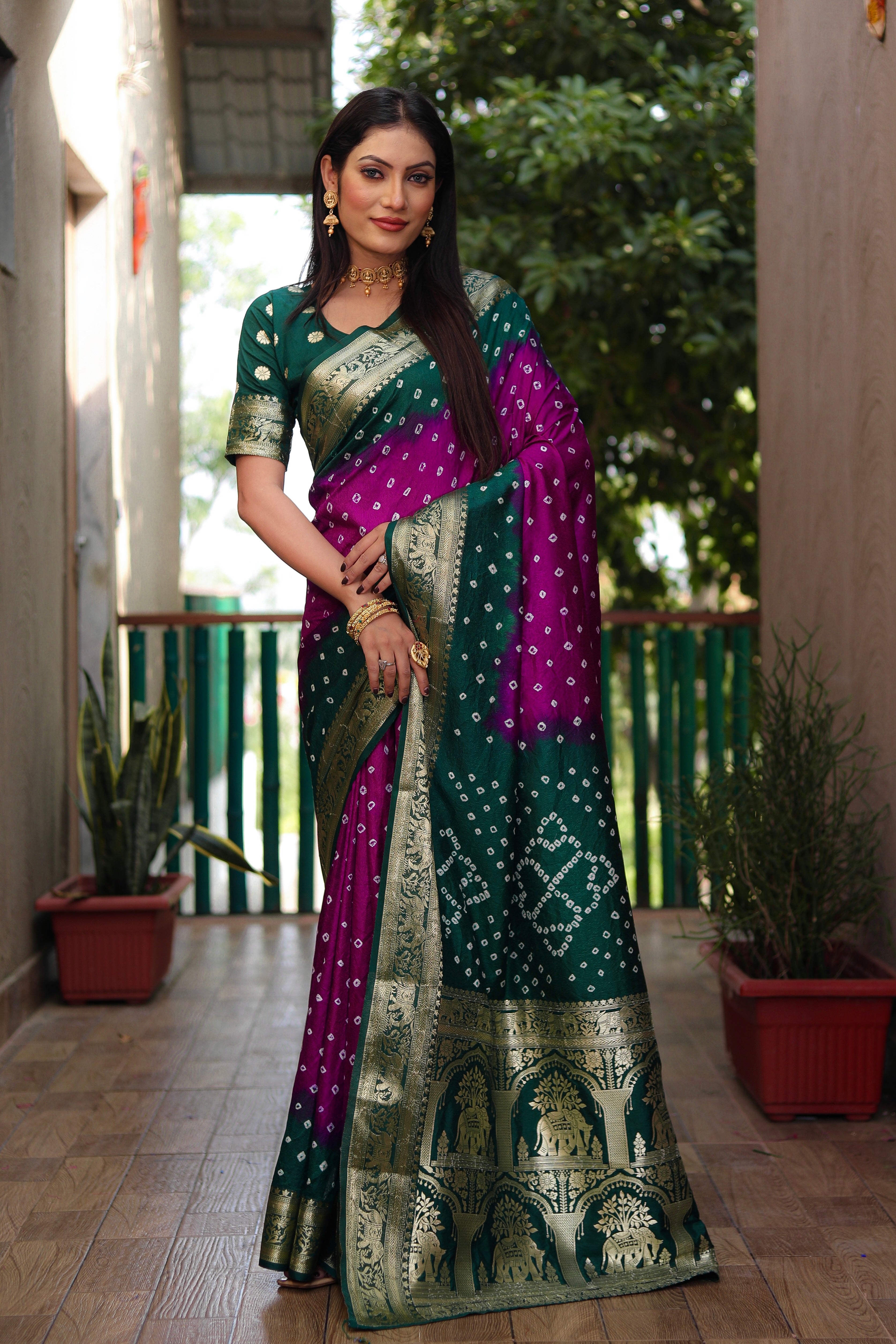 Beautiful Bandhej design saree with Zari Weaving