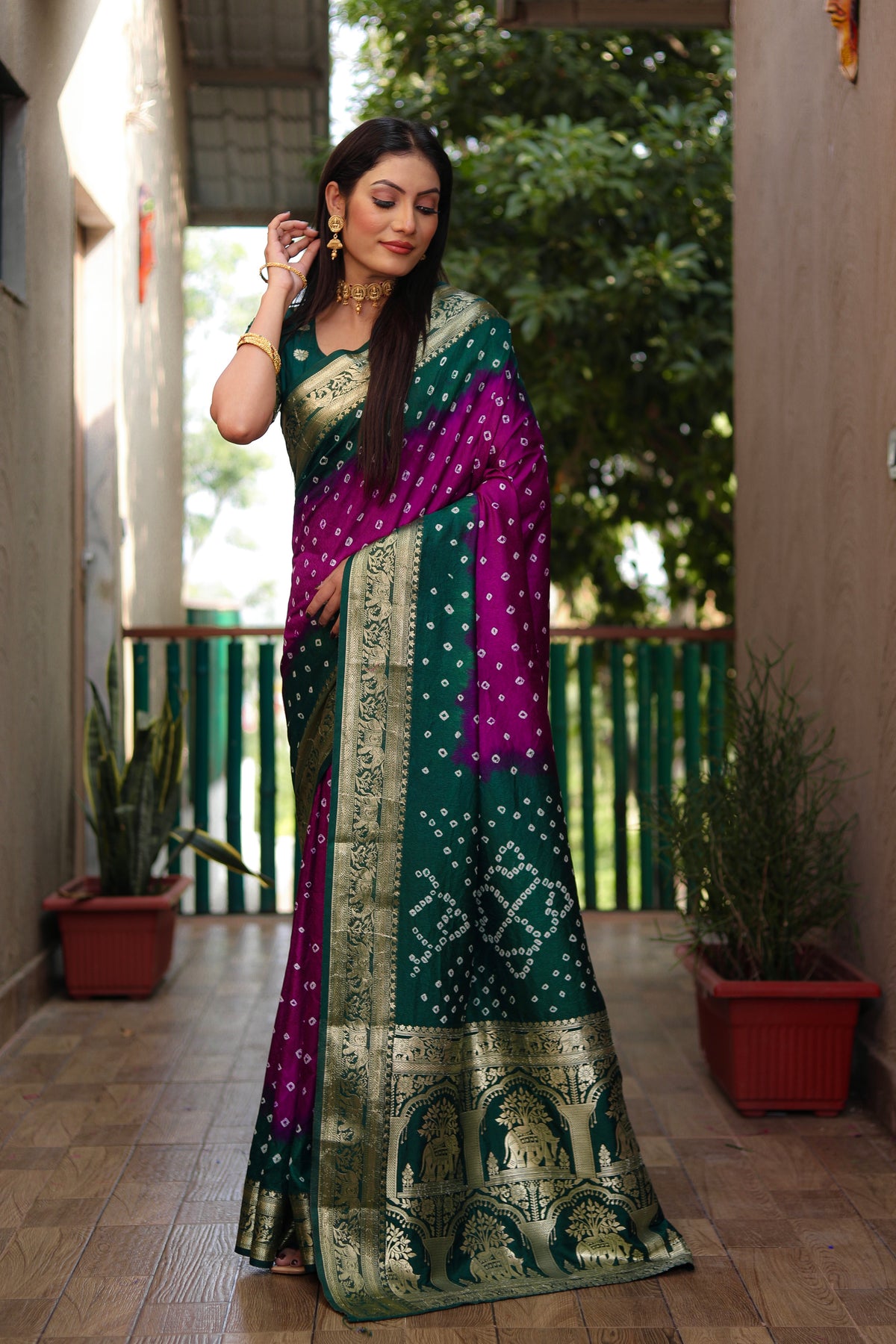 Beautiful Bandhej design saree with Zari Weaving